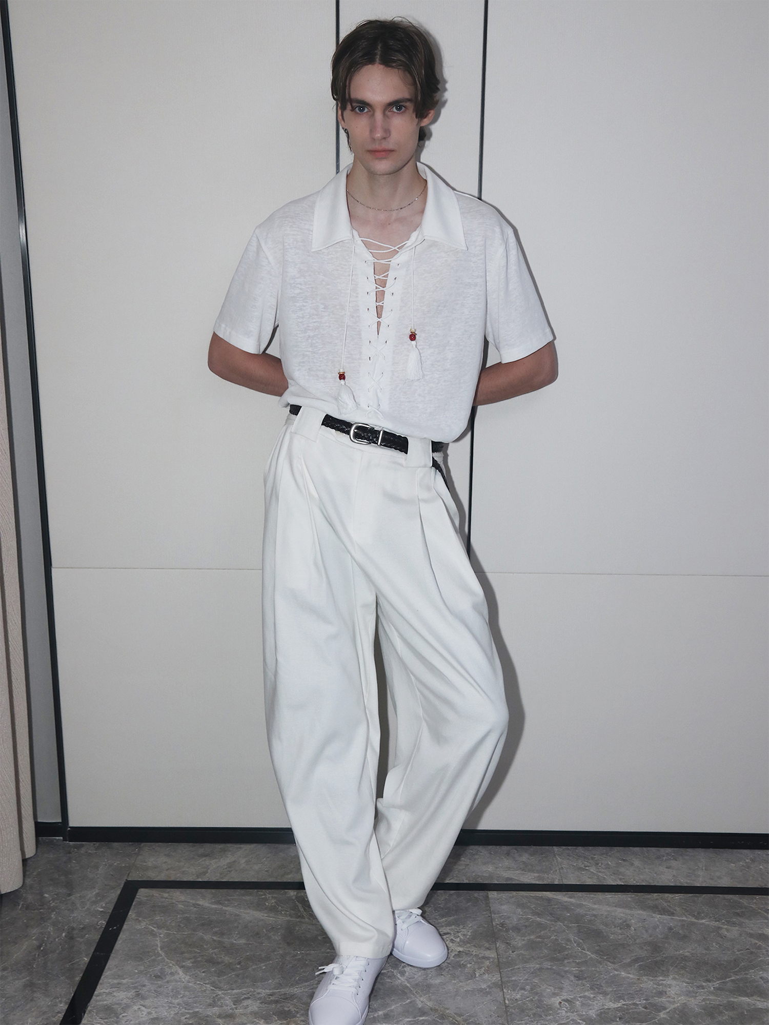 ASSEEN Tassel Lace-Up Short-Sleeve Polo Tee-T Shirt-S-Free Shipping Leatheretro