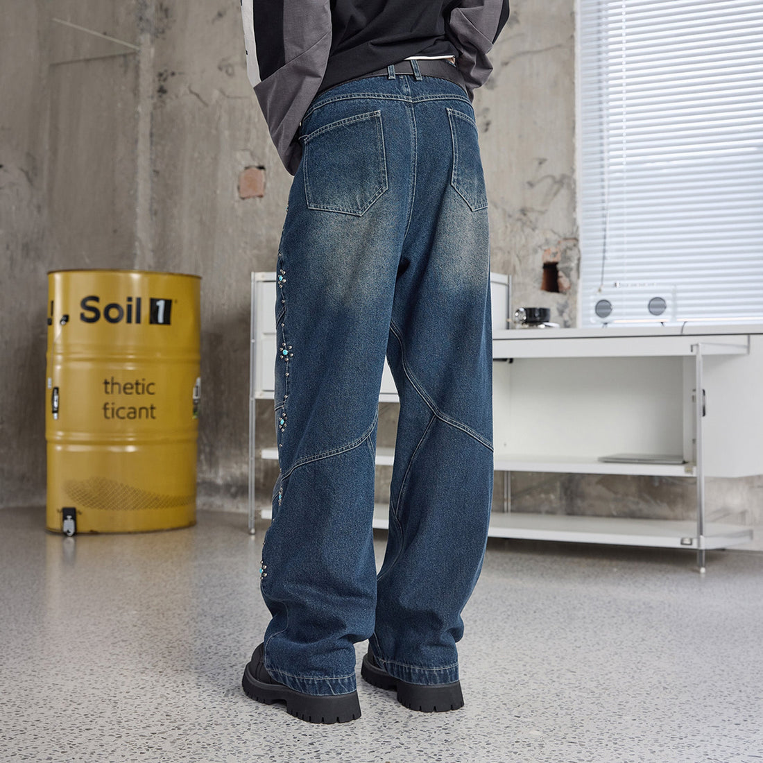 ERROR CODE ROBOT Turquoise Studded Paneled Jeans-Jeans-S-Free Shipping Leatheretro