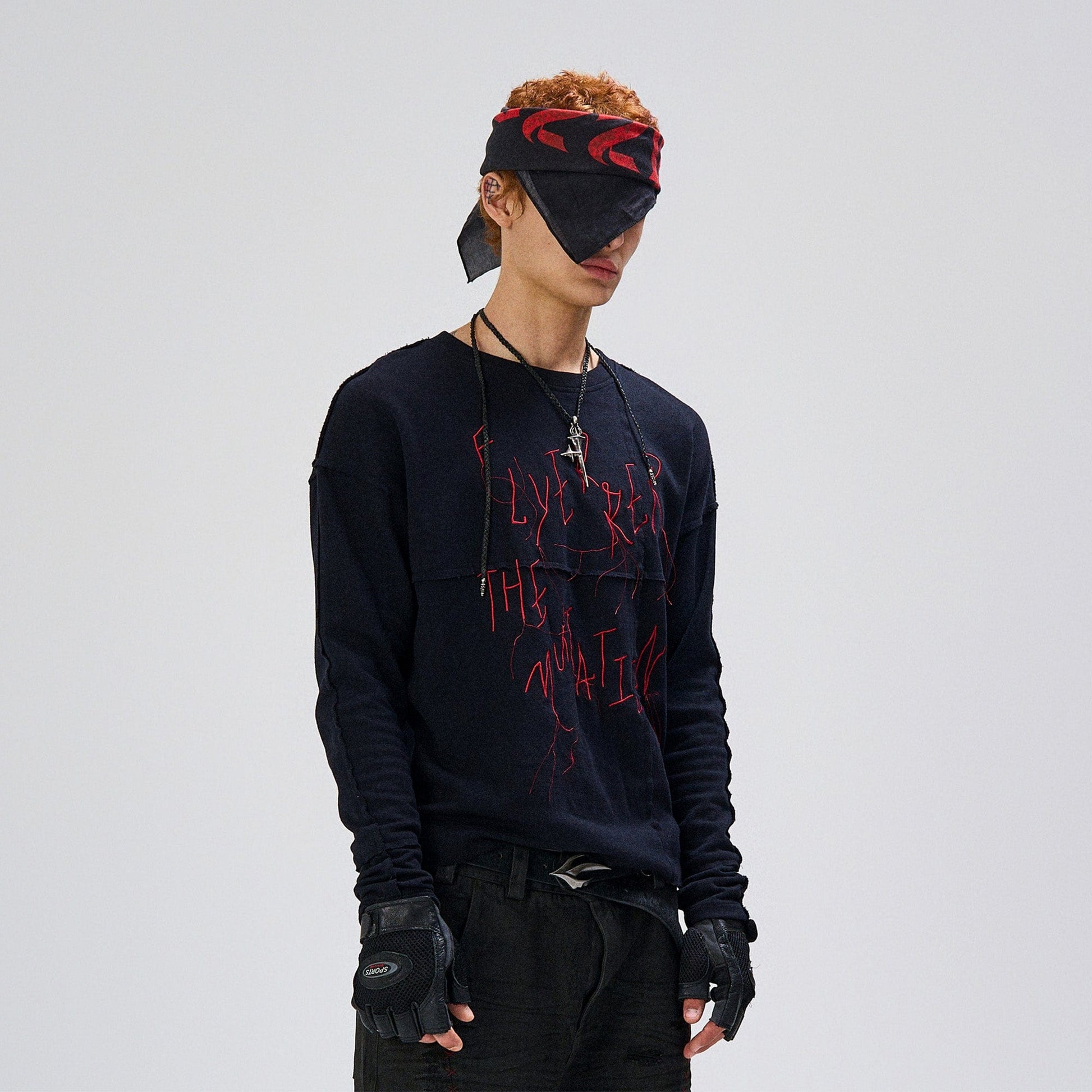 FLYERRER Cross-Panel Contrast Frayed Embroidered Long-Sleeve Tee-L/S Tee-S (Preorder)-Free Shipping Leatheretro