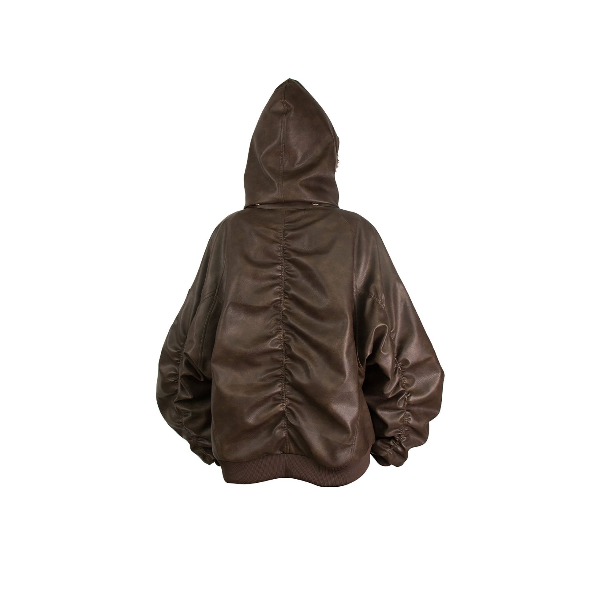 RELABEL Detachable Plush Scarf Ruched Hooded Jacket Brown-Jacket-XS (Preorder)-Free Shipping Leatheretro