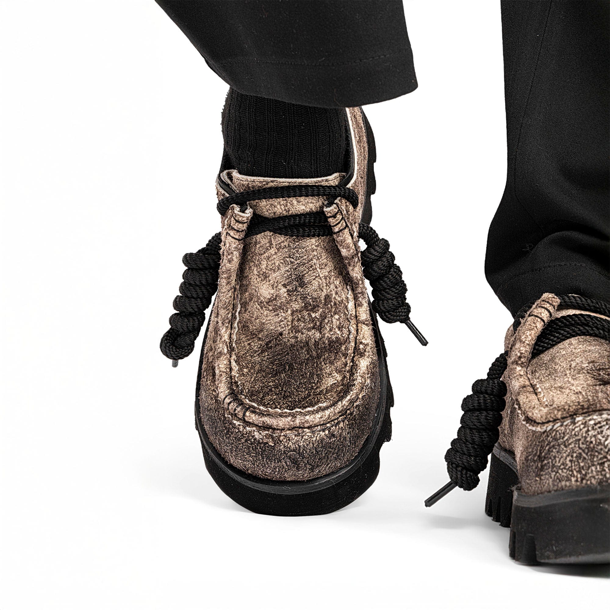 REWRITE Distressed Texture Cowhide Rope-Tied Chunky Big-Toe Derbies-Shoes-38.5-Free Shipping Leatheretro