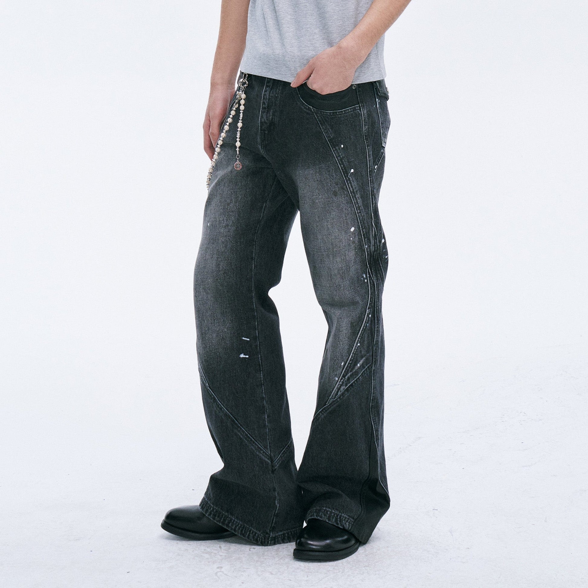 CATSSTAC Washed Panel Paint-Stain Wide-Leg Jeans-Jeans-M-Free Shipping Leatheretro