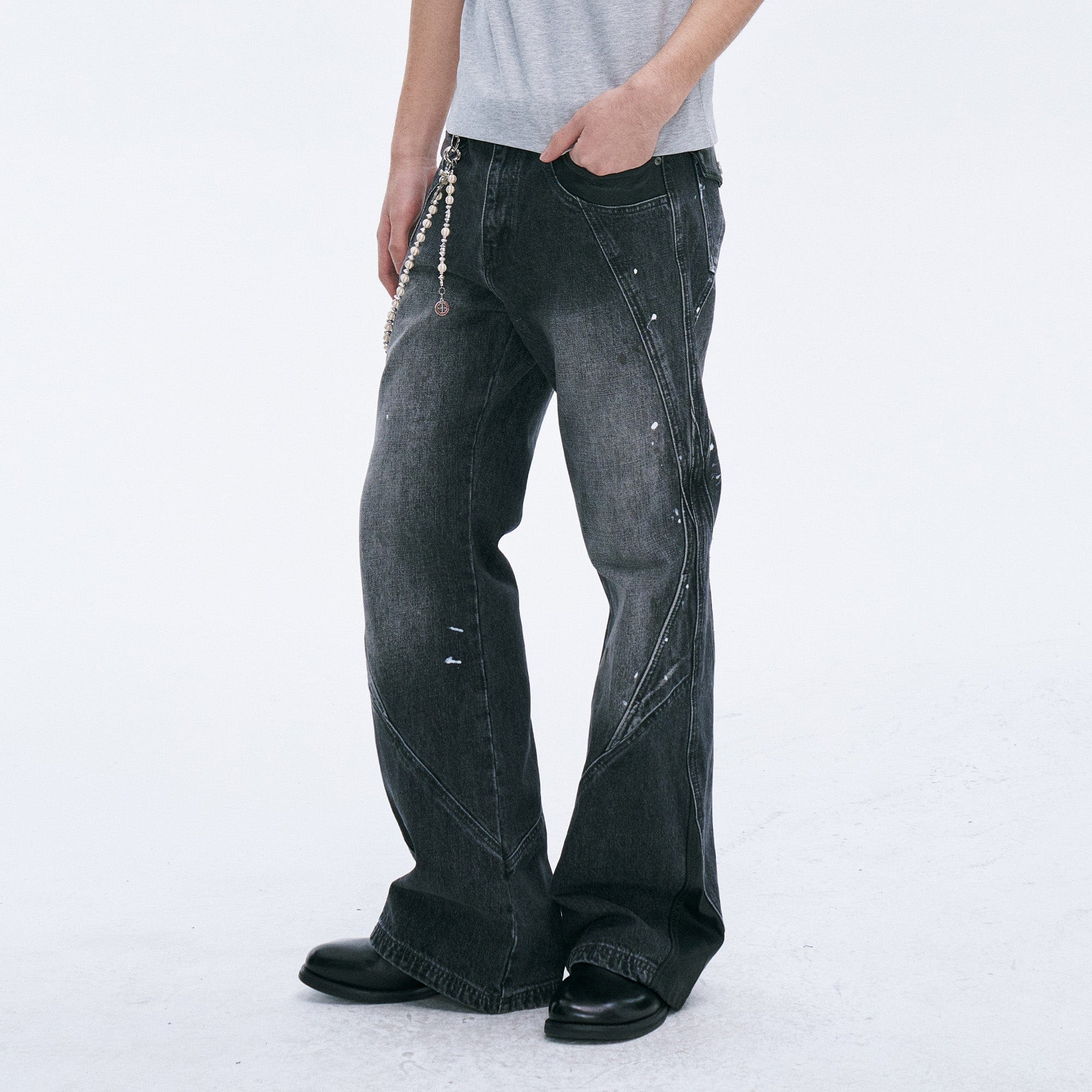 CATSSTAC Washed Panel Paint-Stain Wide-Leg Jeans-Jeans-M-Free Shipping Leatheretro