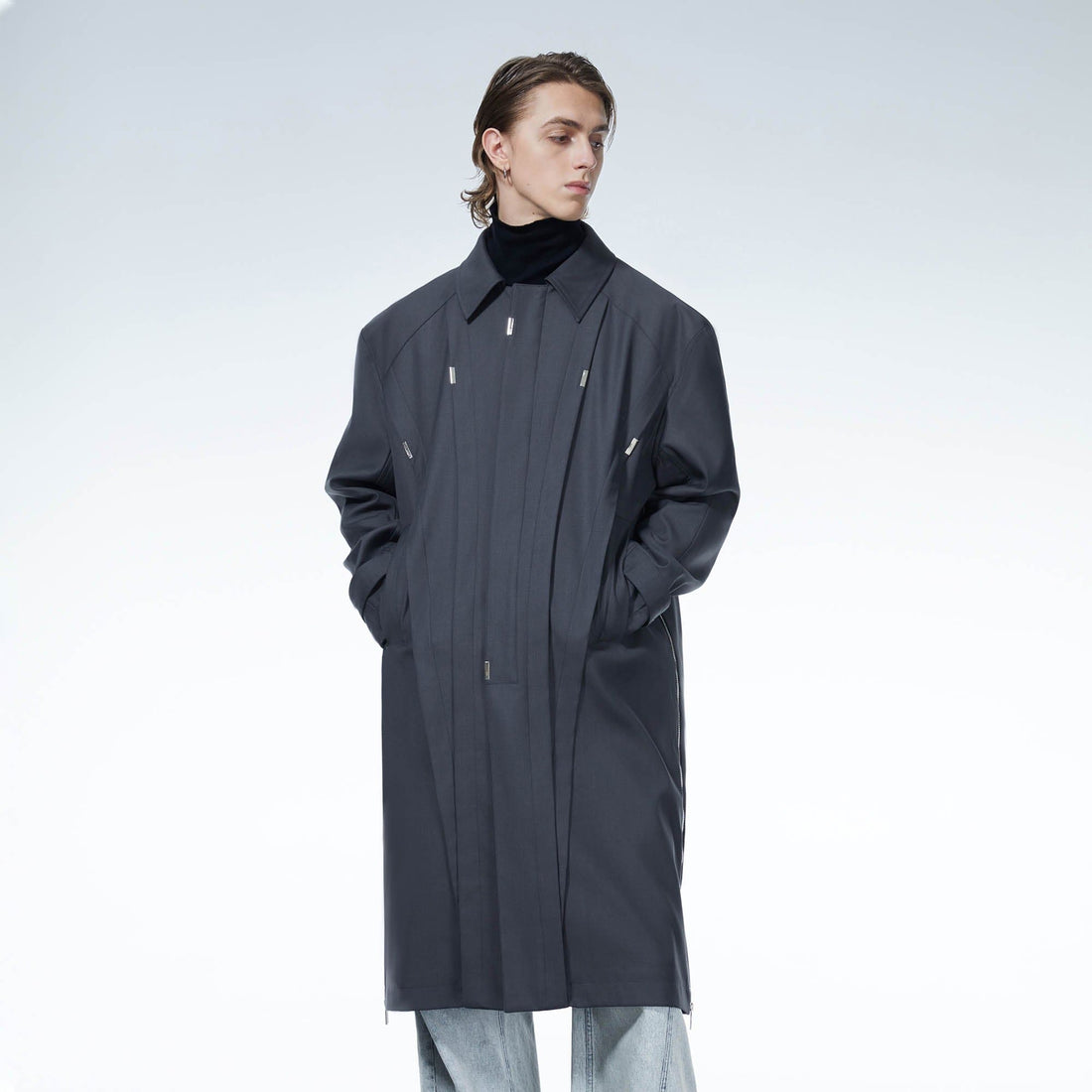 LOSTNFOUND Spliced Pleated Side-Zip Overcoat-Jacket-S-Free Shipping Leatheretro
