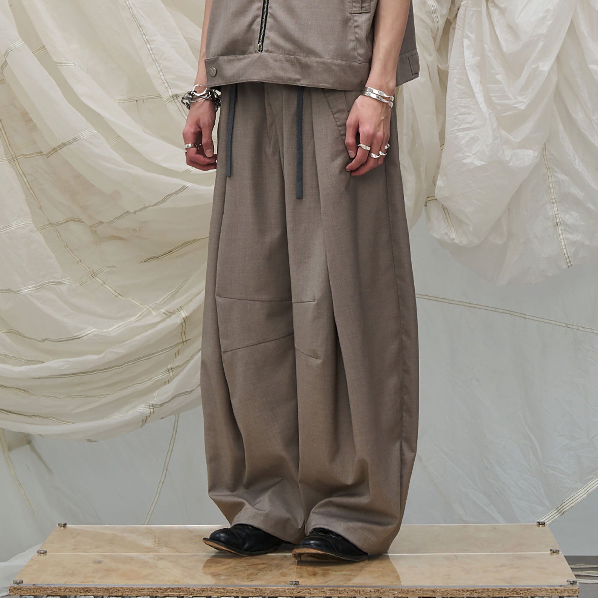 RELABEL Pleated Drawstring Curved Wide-Leg Trousers-Pants-XS-Khaki-Free Shipping Leatheretro