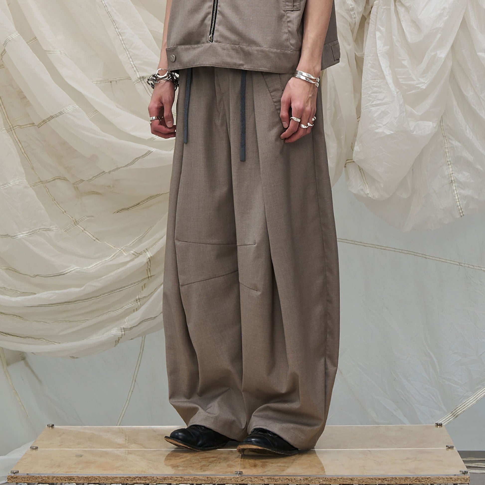 RELABEL Pleated Drawstring Curved Wide-Leg Trousers-Pants-XS-Khaki-Free Shipping Leatheretro