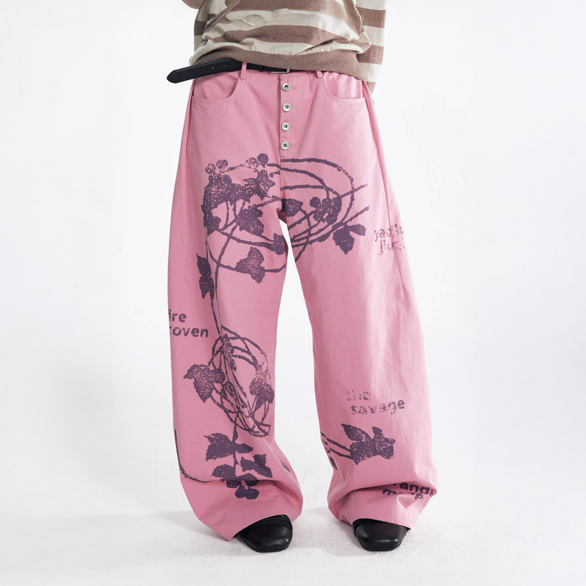 1997 POSTOFFICE Lilac Vine Full-Print Curved Jeans-Jeans-S-Pink-Free Shipping Leatheretro