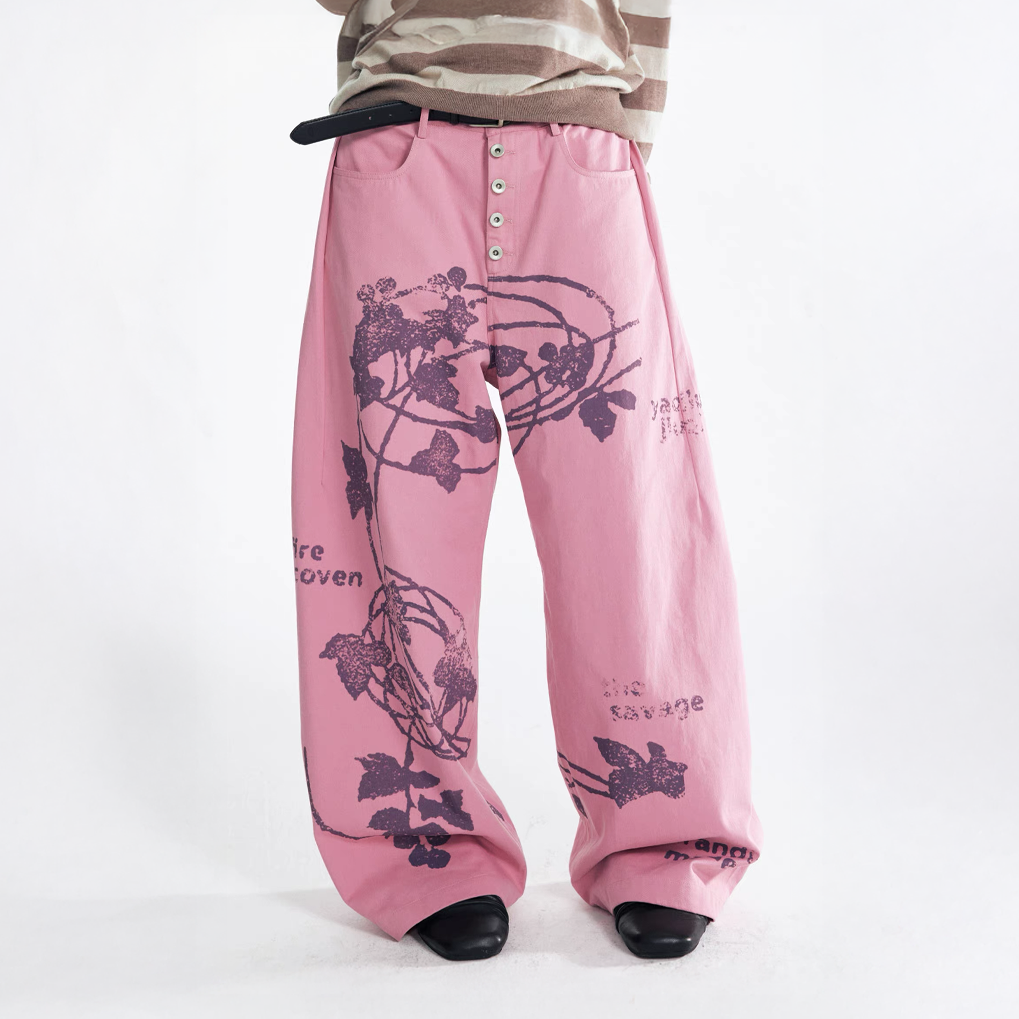 1997 POSTOFFICE Lilac Vine Full-Print Curved Jeans-Jeans-S-Pink-Free Shipping Leatheretro