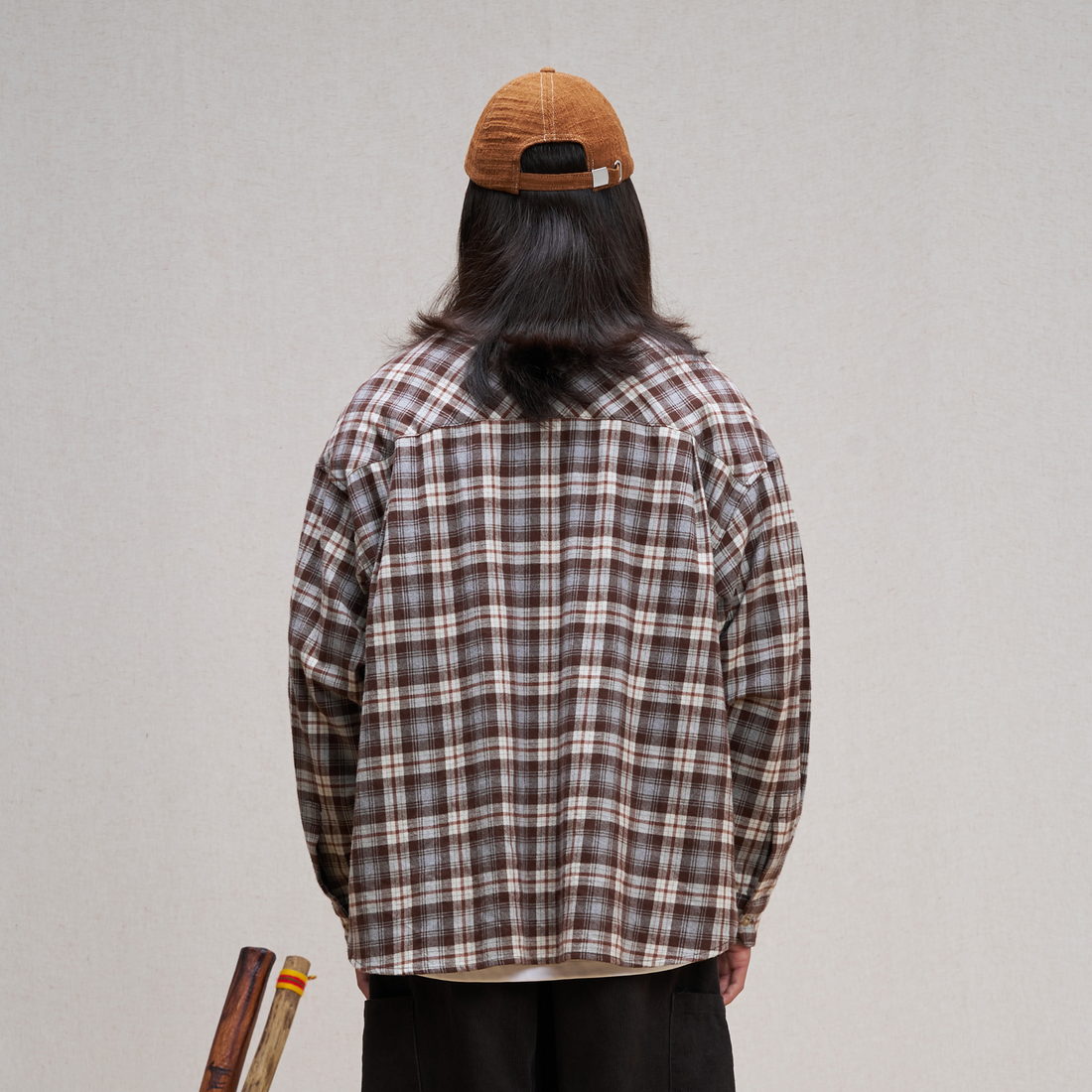 UNLIMITED MOTE Plaid Oversized Half-Open Collar Shirt Brown-Shirt-XS-Free Shipping Leatheretro