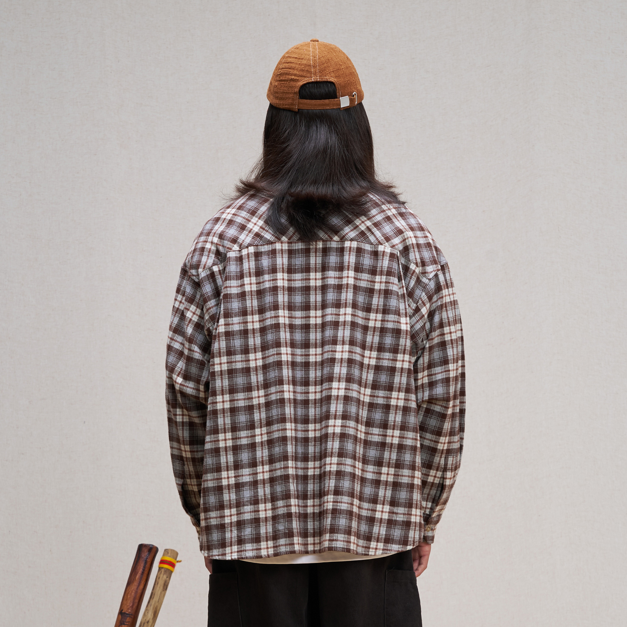 UNLIMITED MOTE Plaid Oversized Half-Open Collar Shirt Brown-Shirt-XS-Free Shipping Leatheretro