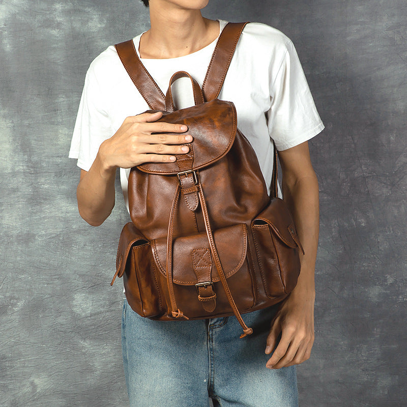 Geometric Pattern Genuine Leather Retro Backpack - Casual Soft Leather Hiking Bag-Backpacks-Black-Free Shipping Leatheretro