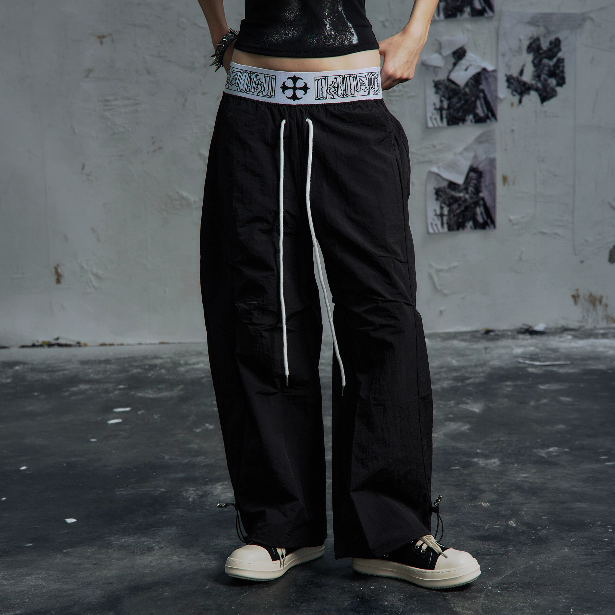 PAIKI Double-Waist Parachute Curved Pants-Pants-S / 28"-Black-Free Shipping Leatheretro