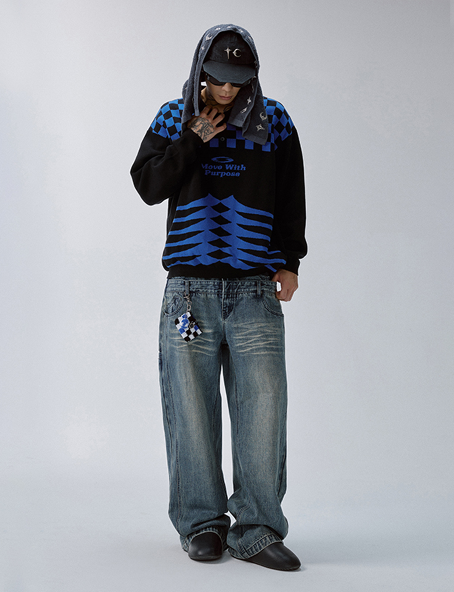 F2CE Slogan Contrast Checkerboard Jacquard Knit Polo-Sweater-S-Free Shipping Leatheretro