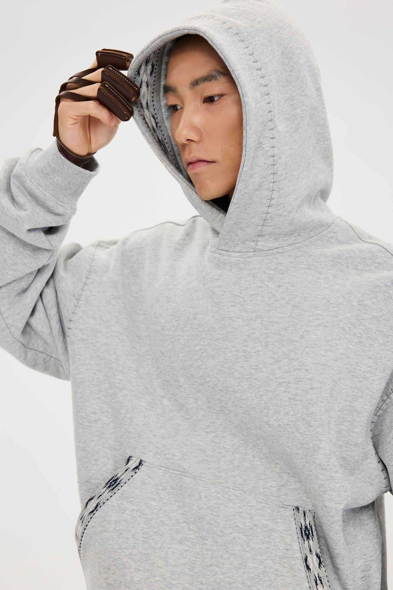 CATSSTAC Totem-Trimmed Kangaroo Pocket Hoodie-Hoodie-S-Gray-Free Shipping Leatheretro