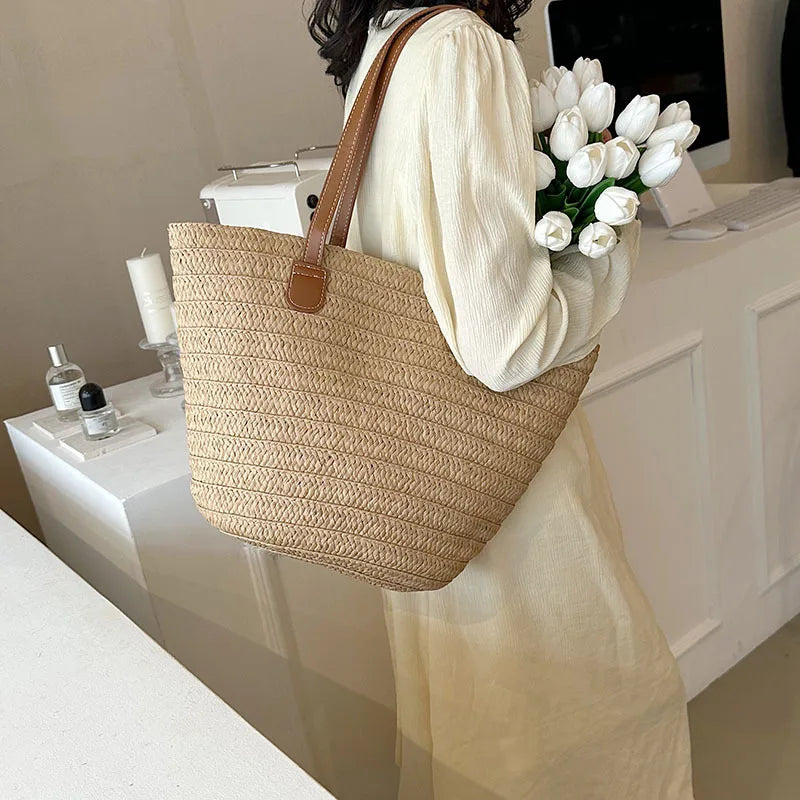 Luxury Designer Straw Tote Bag for Women-Tote Bag-Beige-Free Shipping Leatheretro