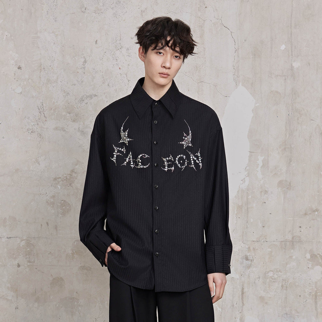 FACEONLAB Pinstriped Rivet Diamond Shirt-Shirt-M-Black-Free Shipping Leatheretro