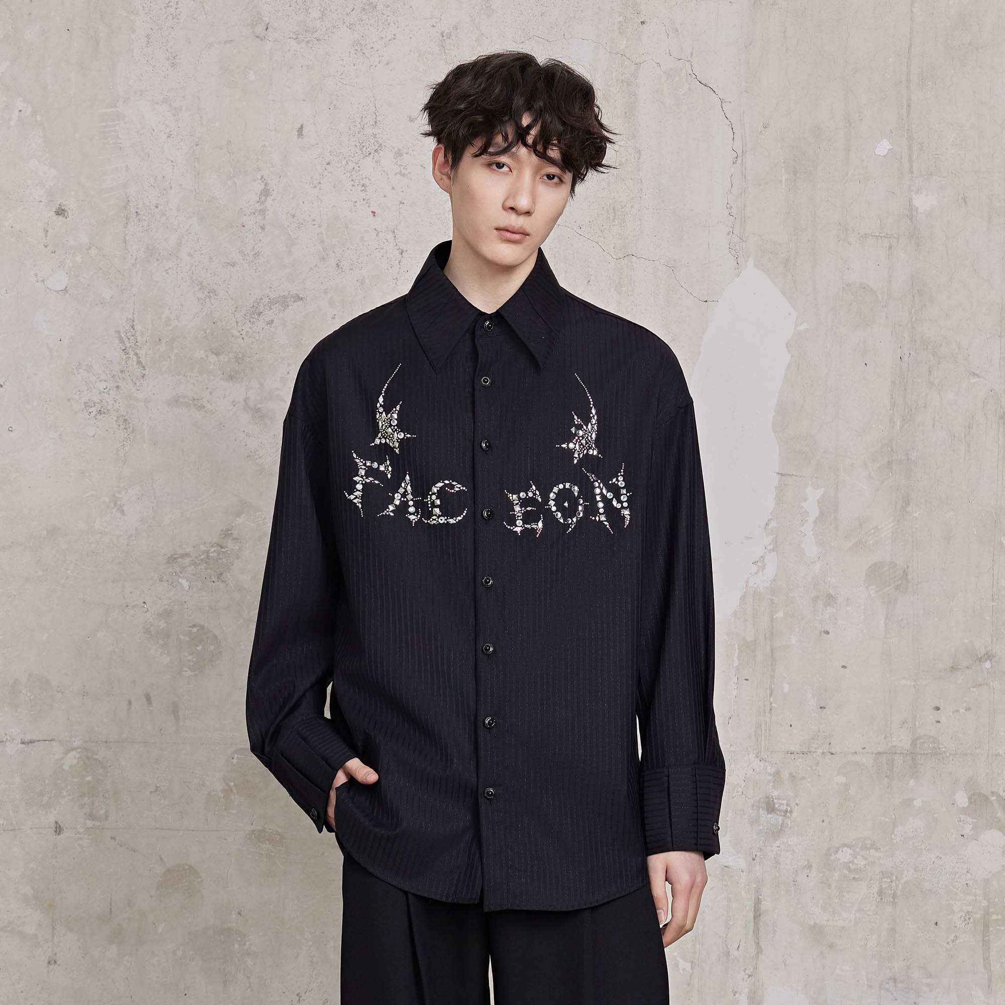 FACEONLAB Pinstriped Rivet Diamond Shirt-Shirt-M-Black-Free Shipping Leatheretro