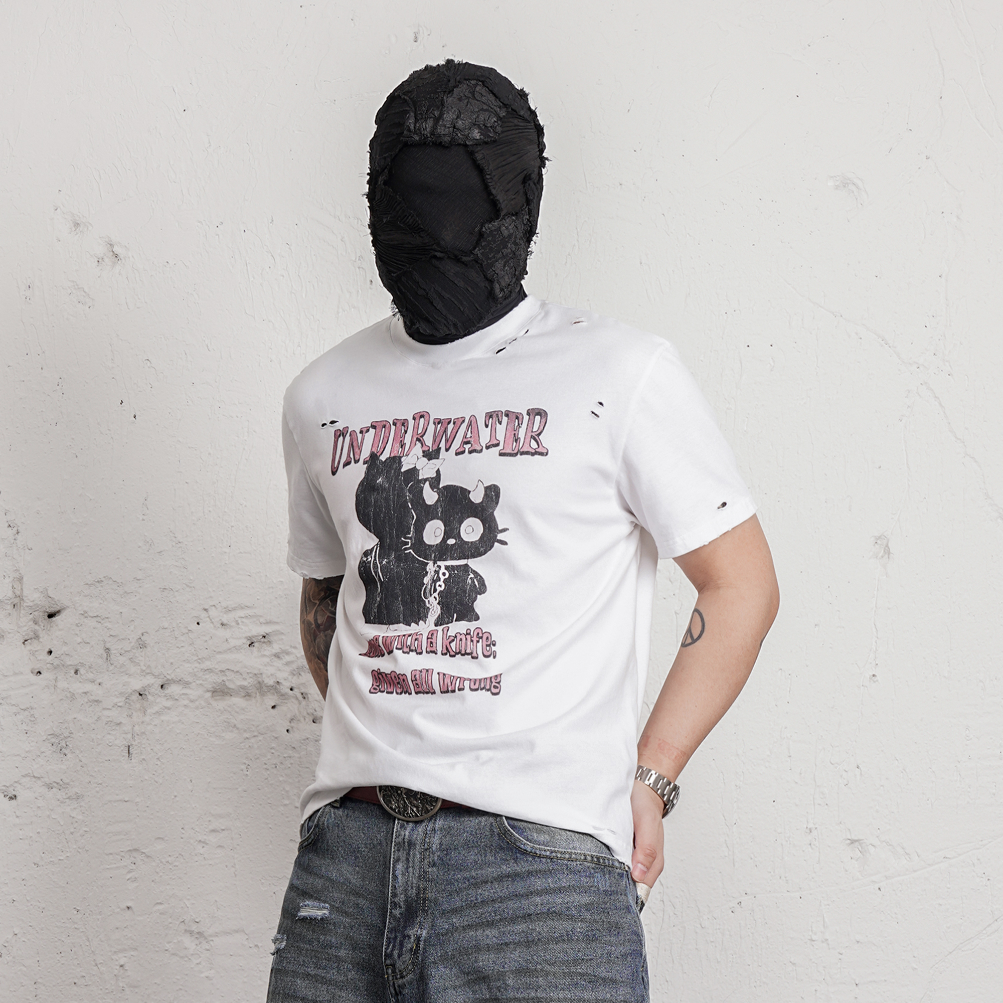 UNDERWATER Distressed Black Cat Graphic T-Shirt-T Shirt-S-Free Shipping Leatheretro