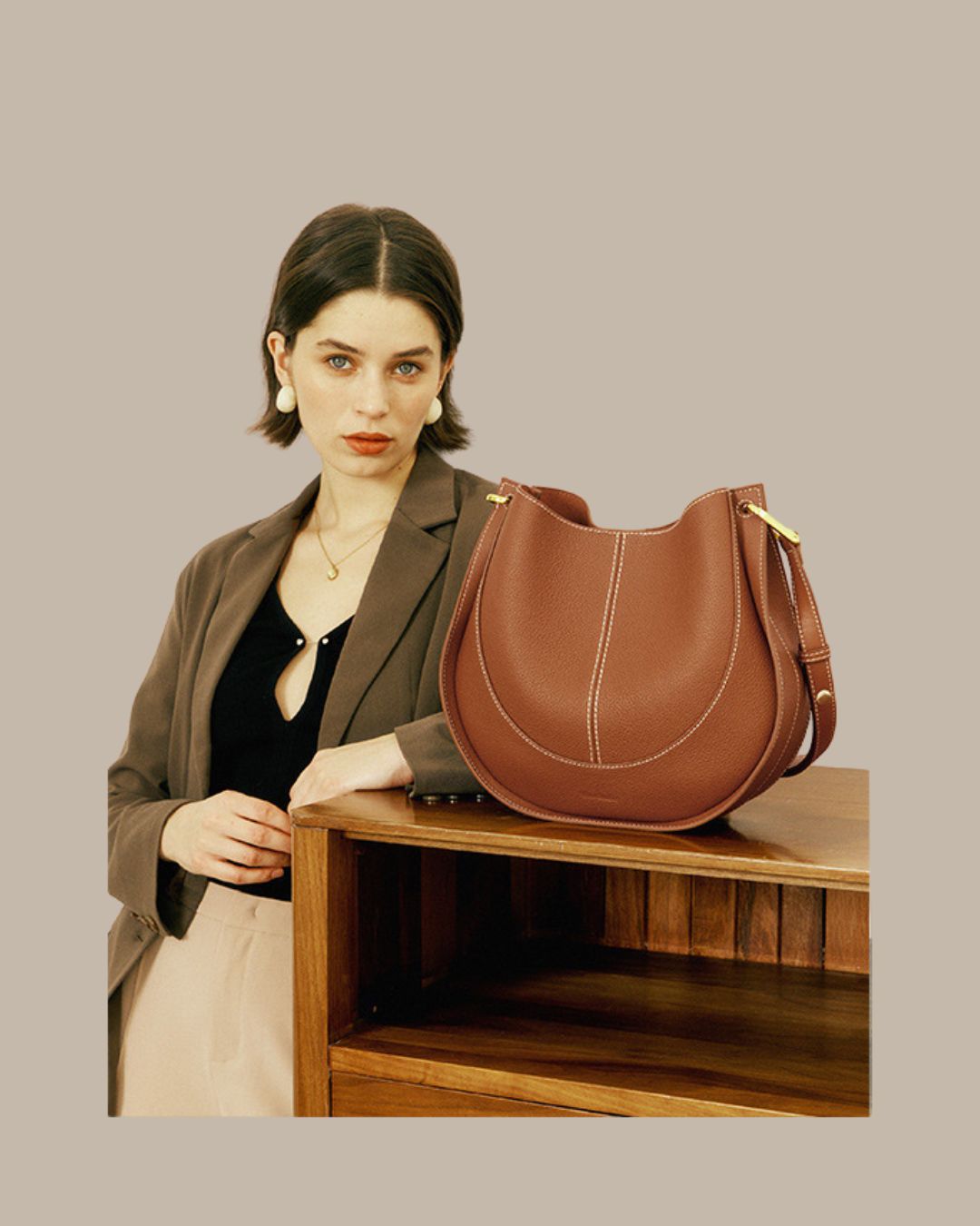 Luxury Soft Leather Crossbody Saddle Bag-Handbags-Beige-Free Shipping Leatheretro