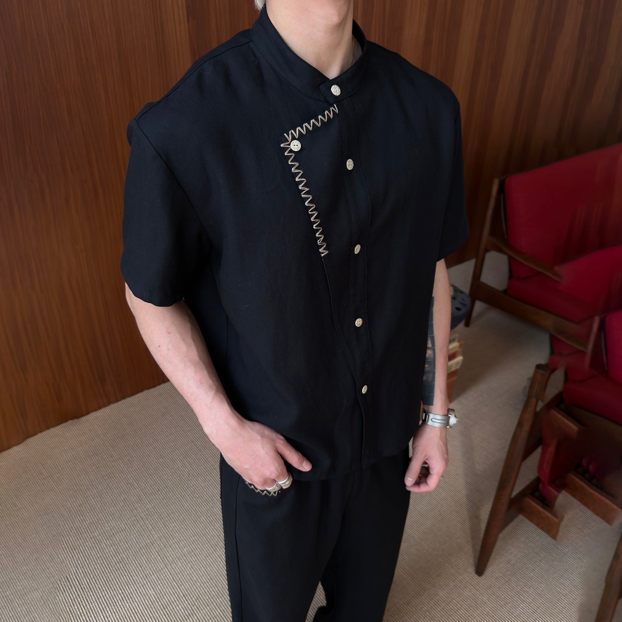 KREATE Stitched Faux-Placket Short Sleeve Shirt-Shirt-S-Black-Free Shipping Leatheretro