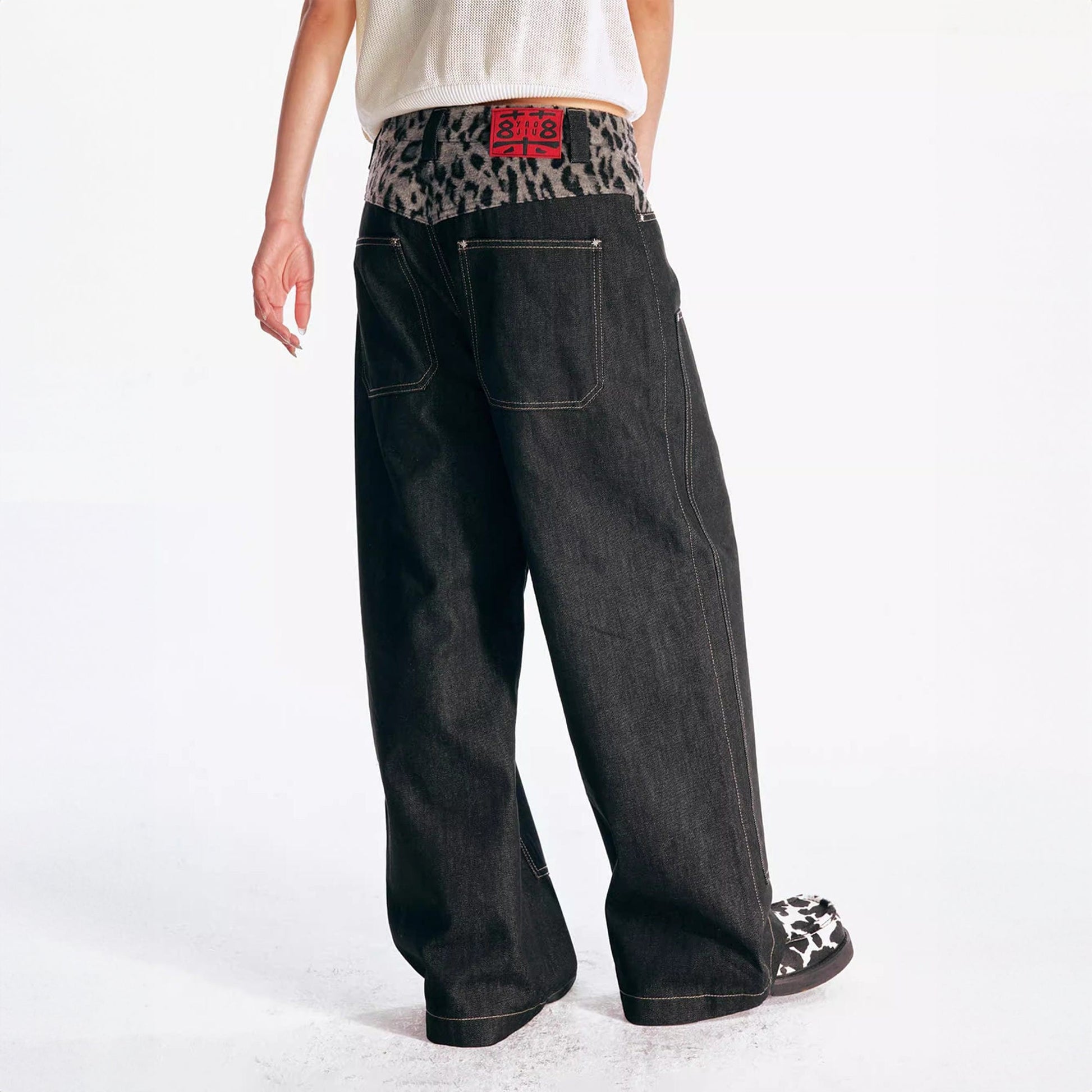1997 POSTOFFICE Leopard Waist Double-Knee Wide-Leg Pants-Pants-S-Free Shipping Leatheretro