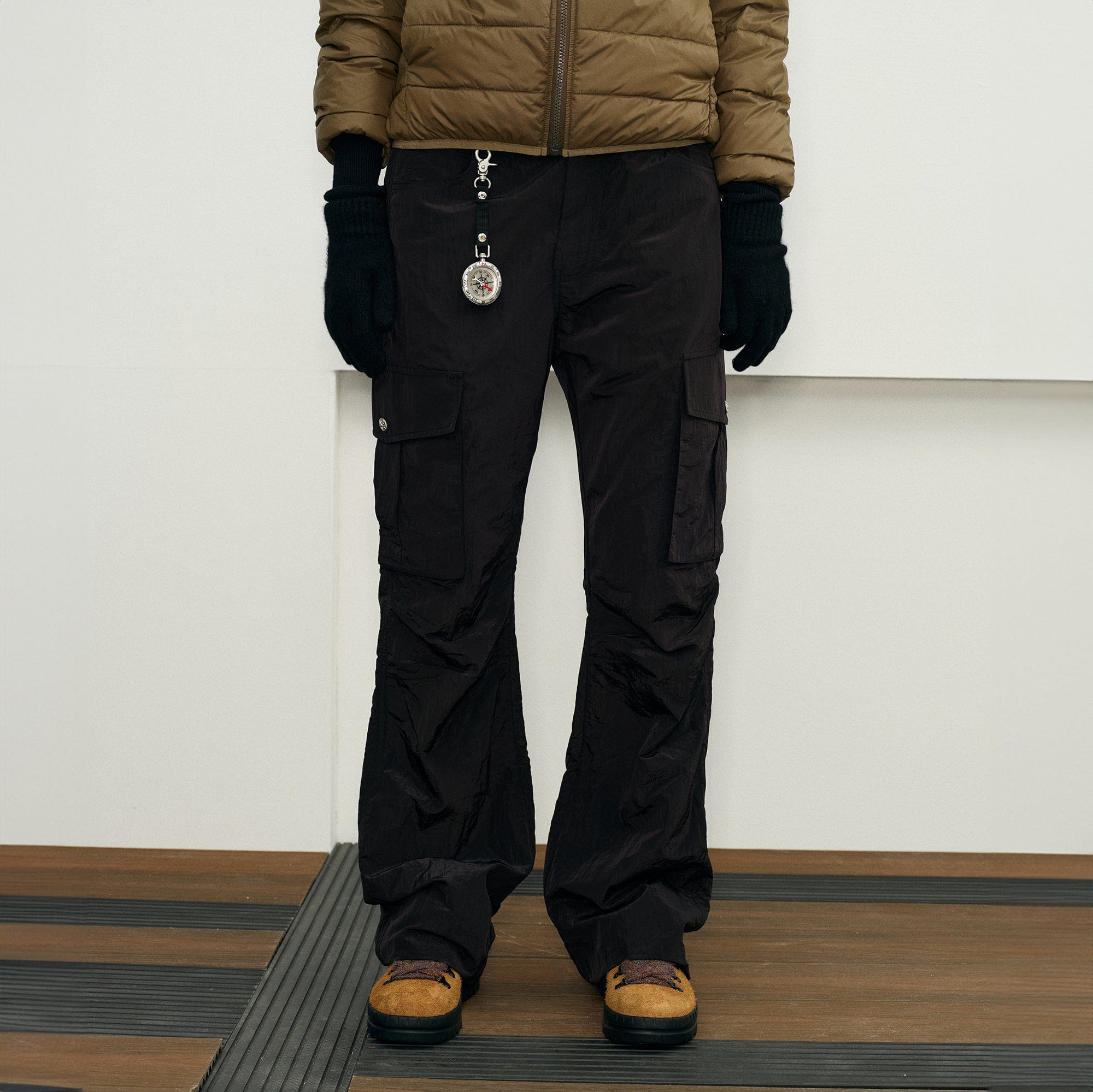 KREATE Liquid Metal Crinkled Flared Cargo-Pants-S-Black-Free Shipping Leatheretro