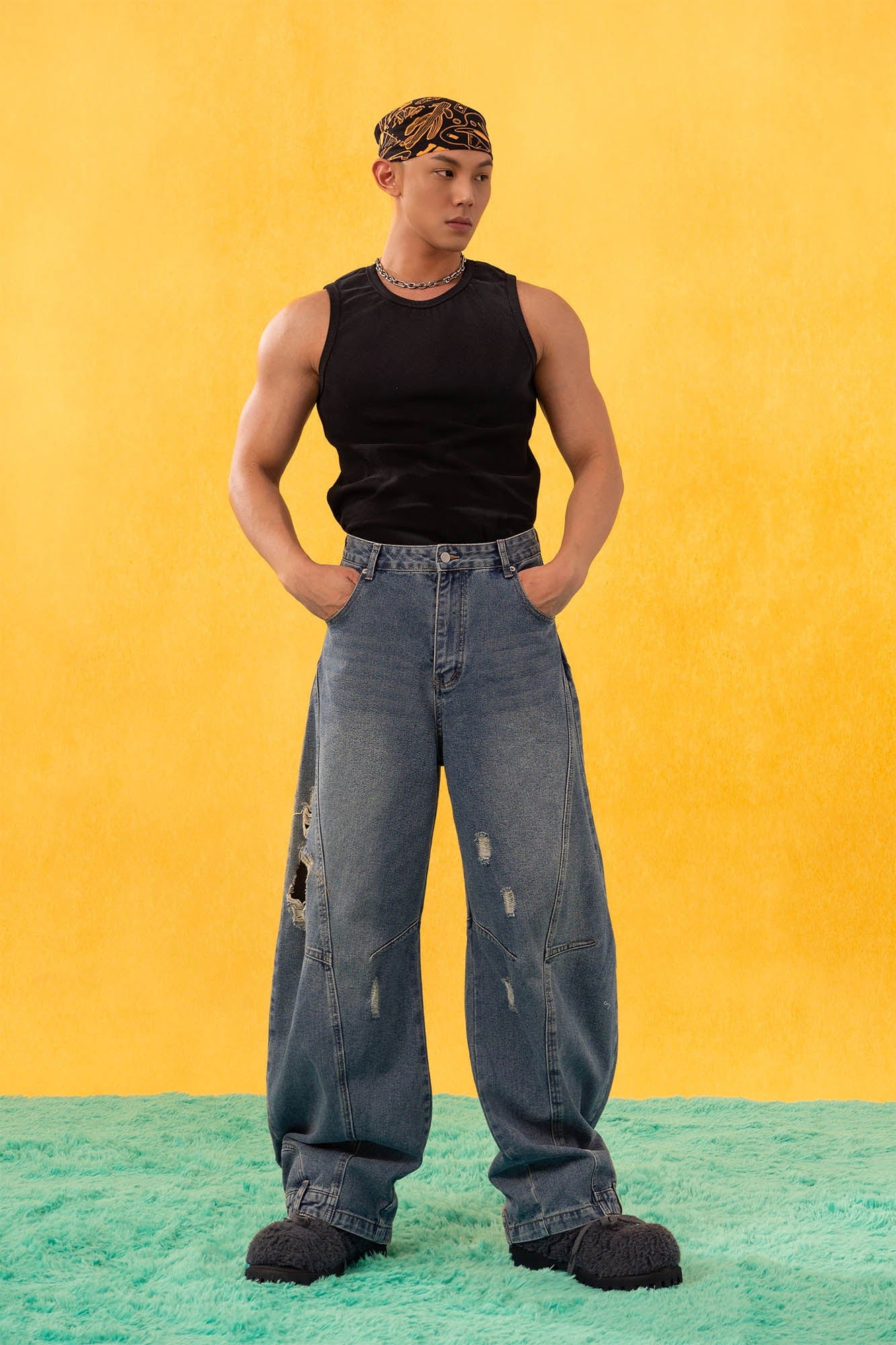 CLP Inverted-Waist Hem Paneled Distressed Jeans-Jeans-M-Free Shipping Leatheretro