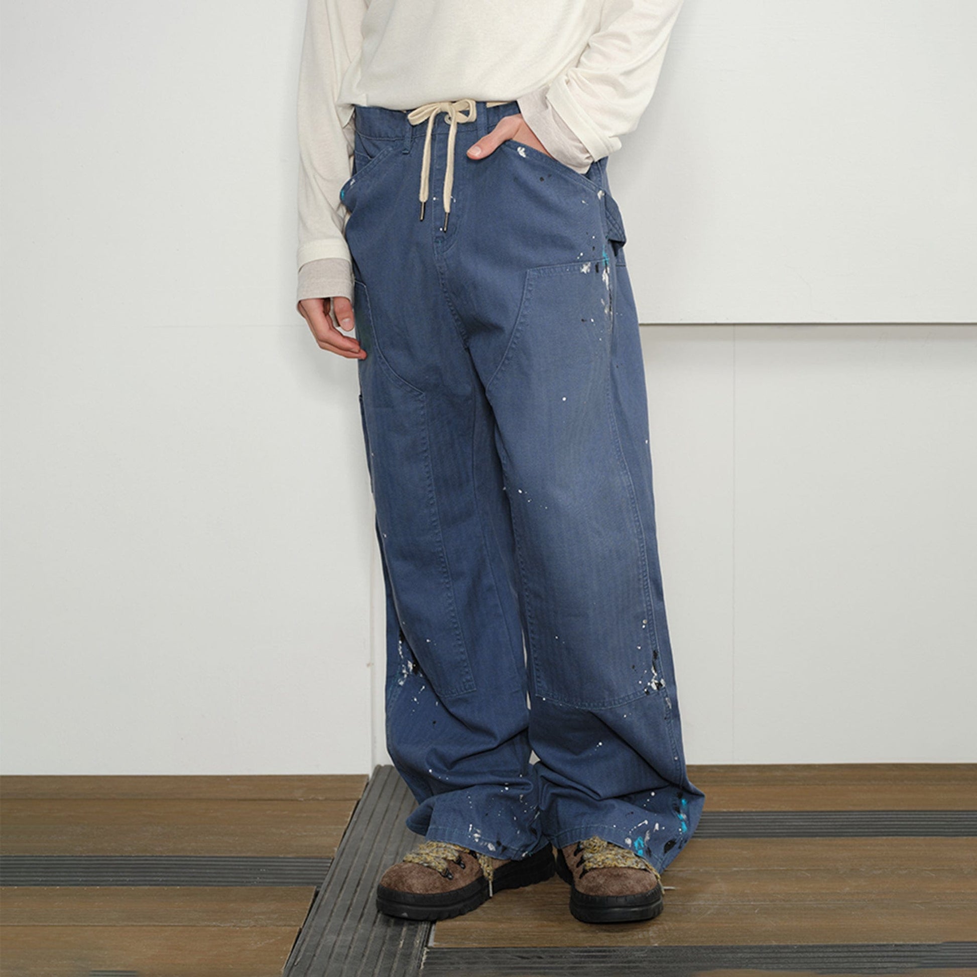 KREATE Paint-Splattered Double-Knee Pants-Pants-S-Blue-Free Shipping Leatheretro