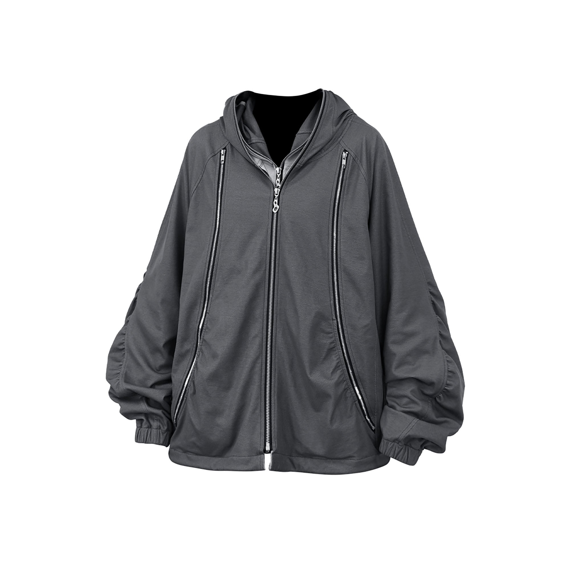 RELABEL Layered Multi-Zip Mask Hood Jacket Gray-Jacket-XS-Free Shipping Leatheretro
