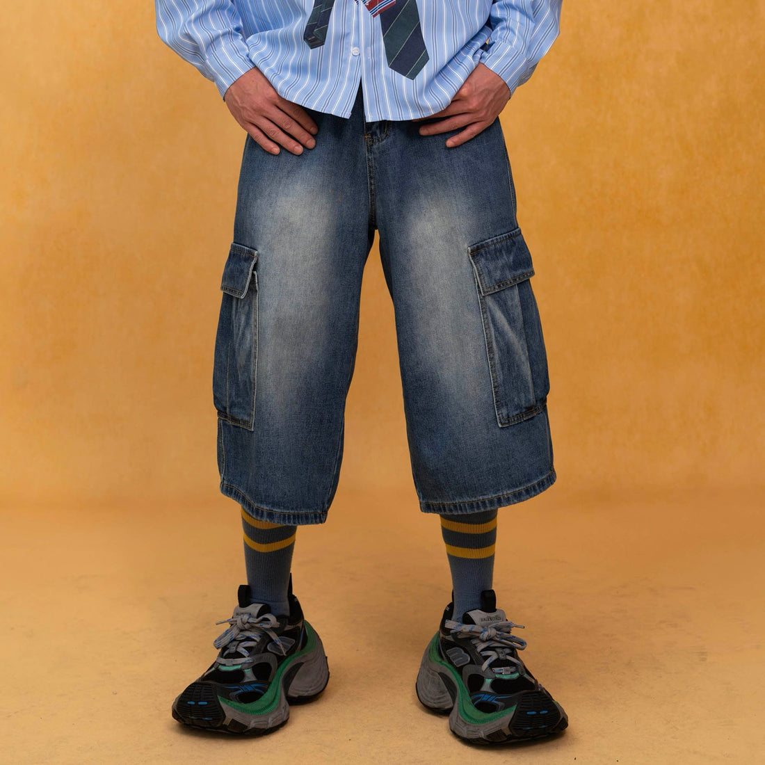 CLP Retro Multi-Pocket Knee-Length Denim Shorts-Shorts-S-Free Shipping Leatheretro