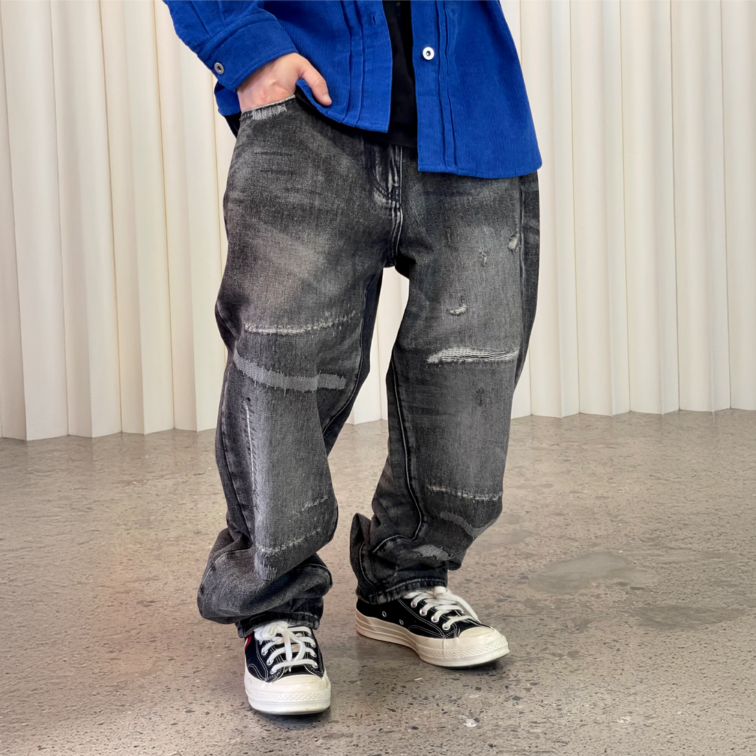 ME DA IGUAL Washed Destroyed Patch Straight-Leg Jeans-Jeans-M-Free Shipping Leatheretro