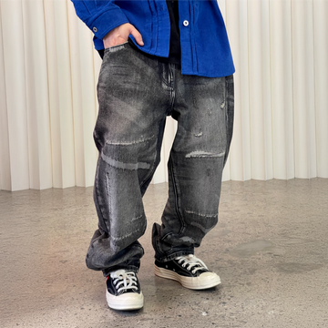 ME DA IGUAL Washed Destroyed Patch Straight-Leg Jeans-Jeans-M-Free Shipping Leatheretro