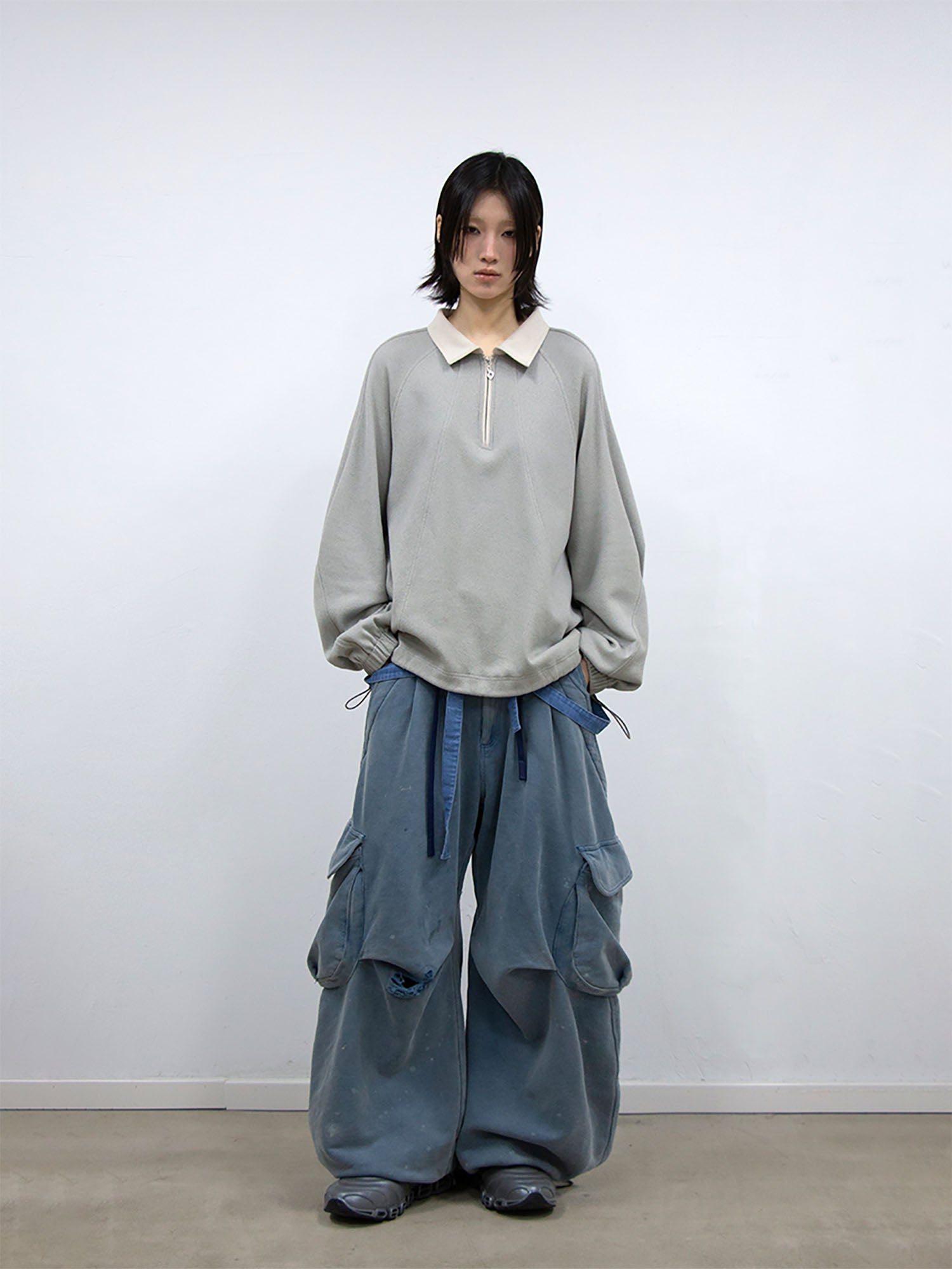 RELABEL Raglan Drawstring-Hem Polo Sweatshirt-Jacket-XS-Light Gray-Free Shipping Leatheretro