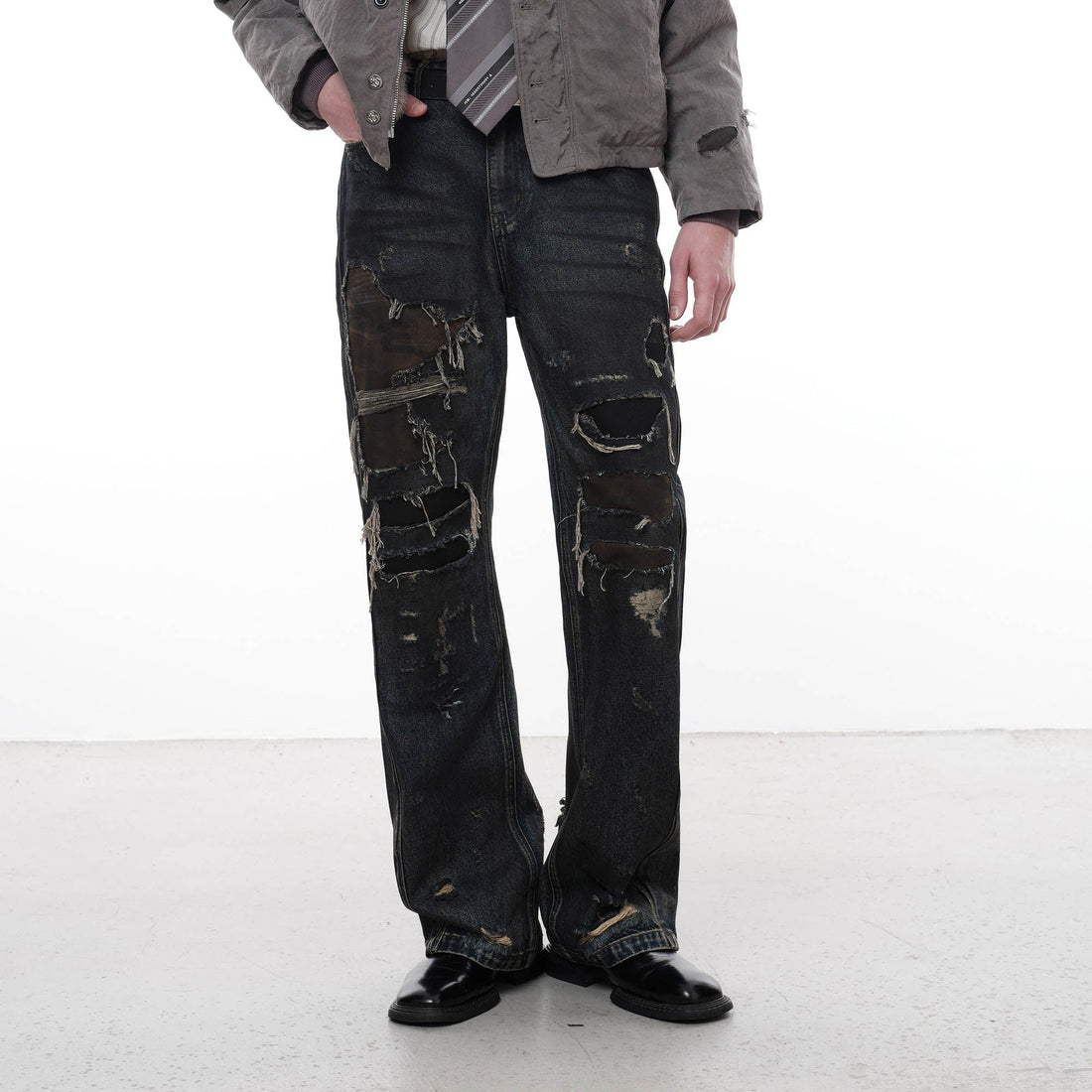 FACEONLAB Distressed Heavy Ripped Flared Jeans-Jeans-M-Free Shipping Leatheretro