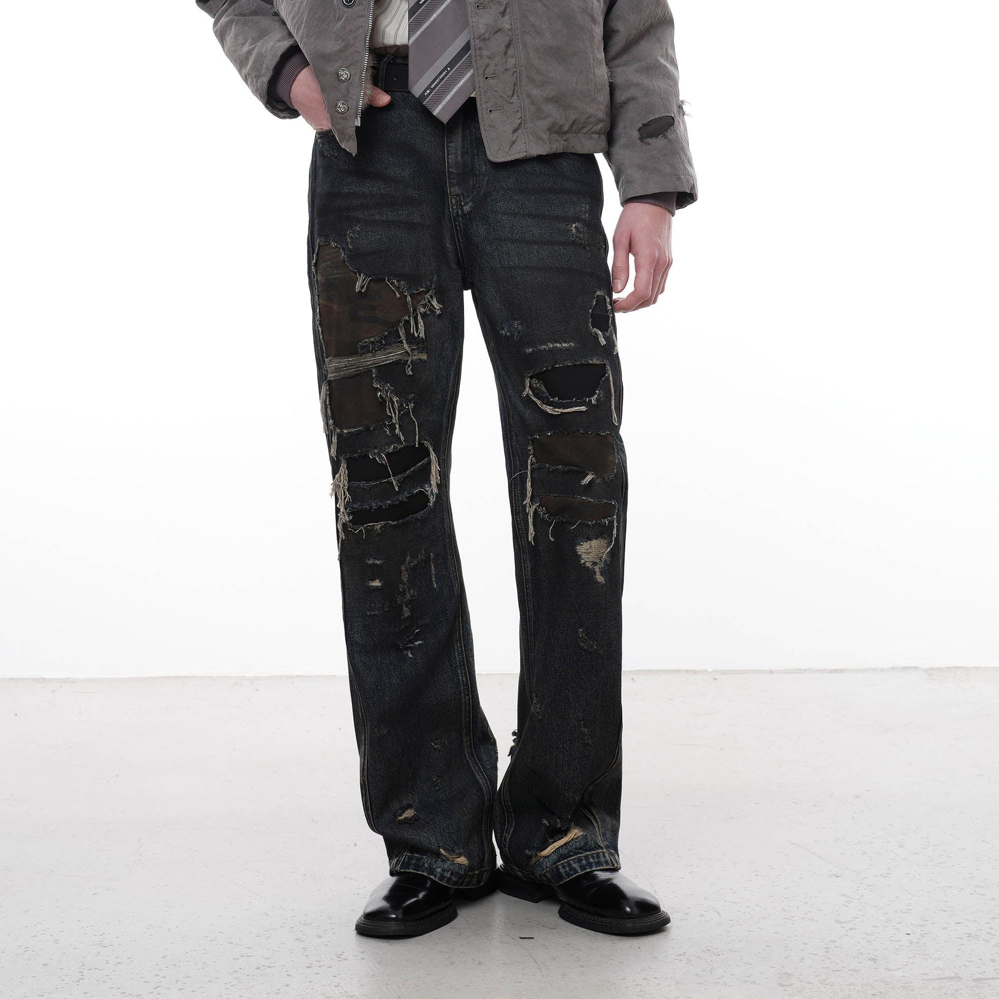 FACEONLAB Distressed Heavy Ripped Flared Jeans-Jeans-M-Free Shipping Leatheretro
