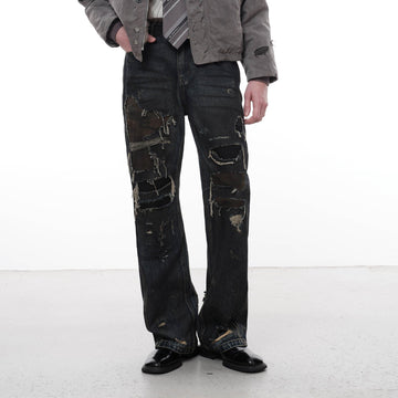 FACEONLAB Distressed Heavy Ripped Flared Jeans-Jeans-M-Free Shipping Leatheretro