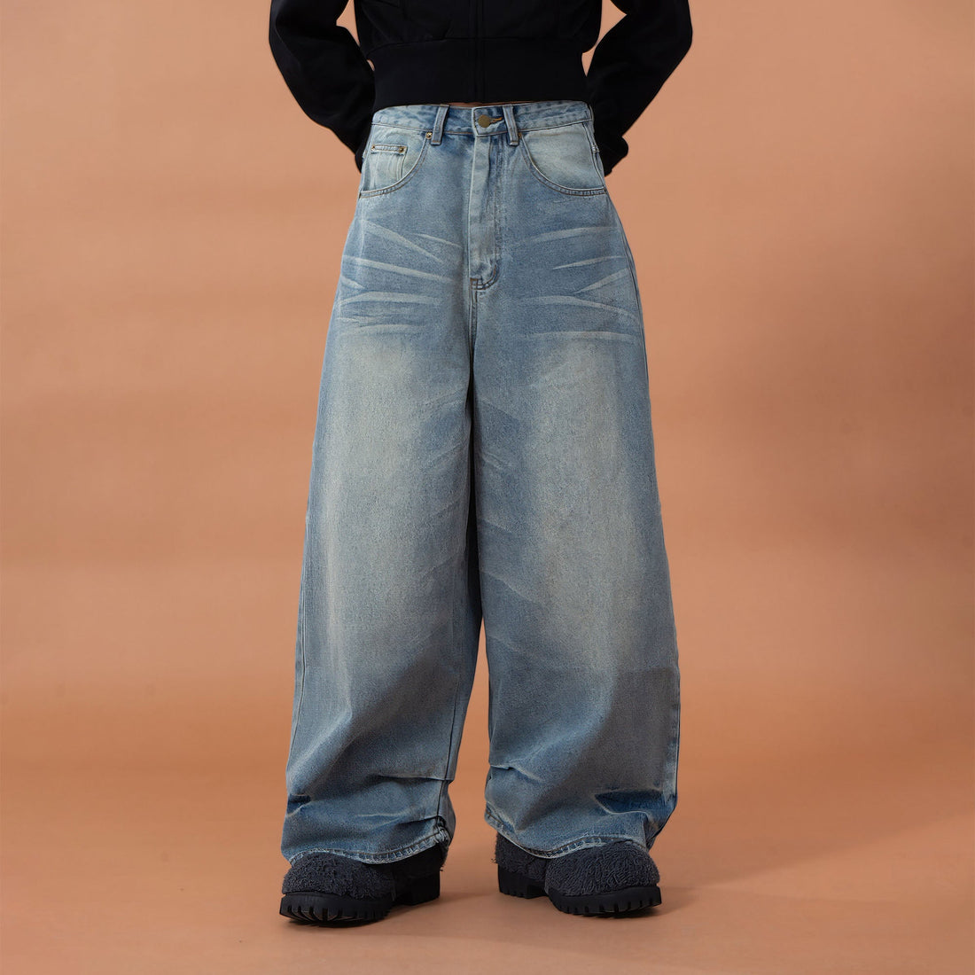 CLP Whiskering Washed Oversized Curved-Leg Jeans-Jeans-M-Free Shipping Leatheretro