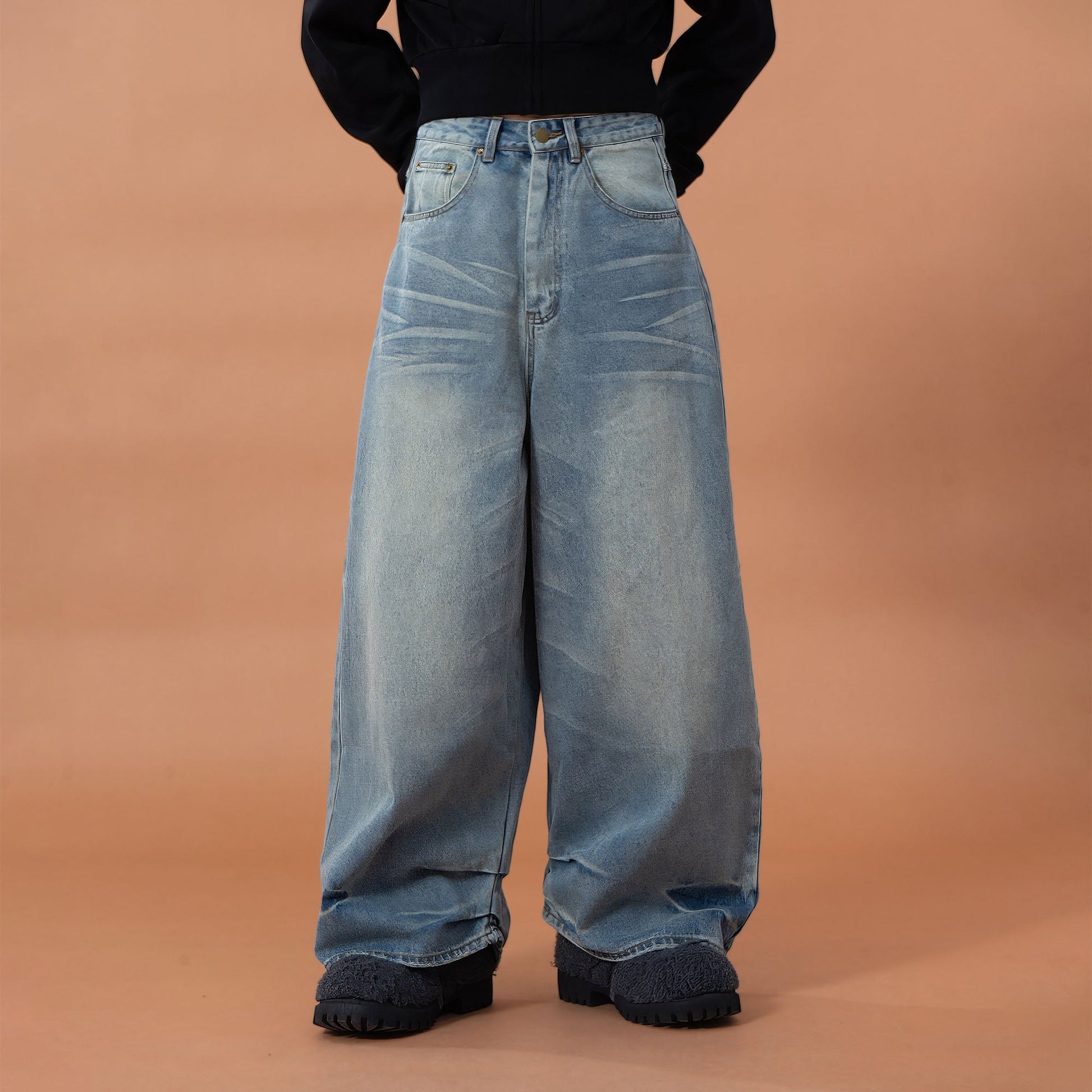 CLP Whiskering Washed Oversized Curved-Leg Jeans-Jeans-M-Free Shipping Leatheretro