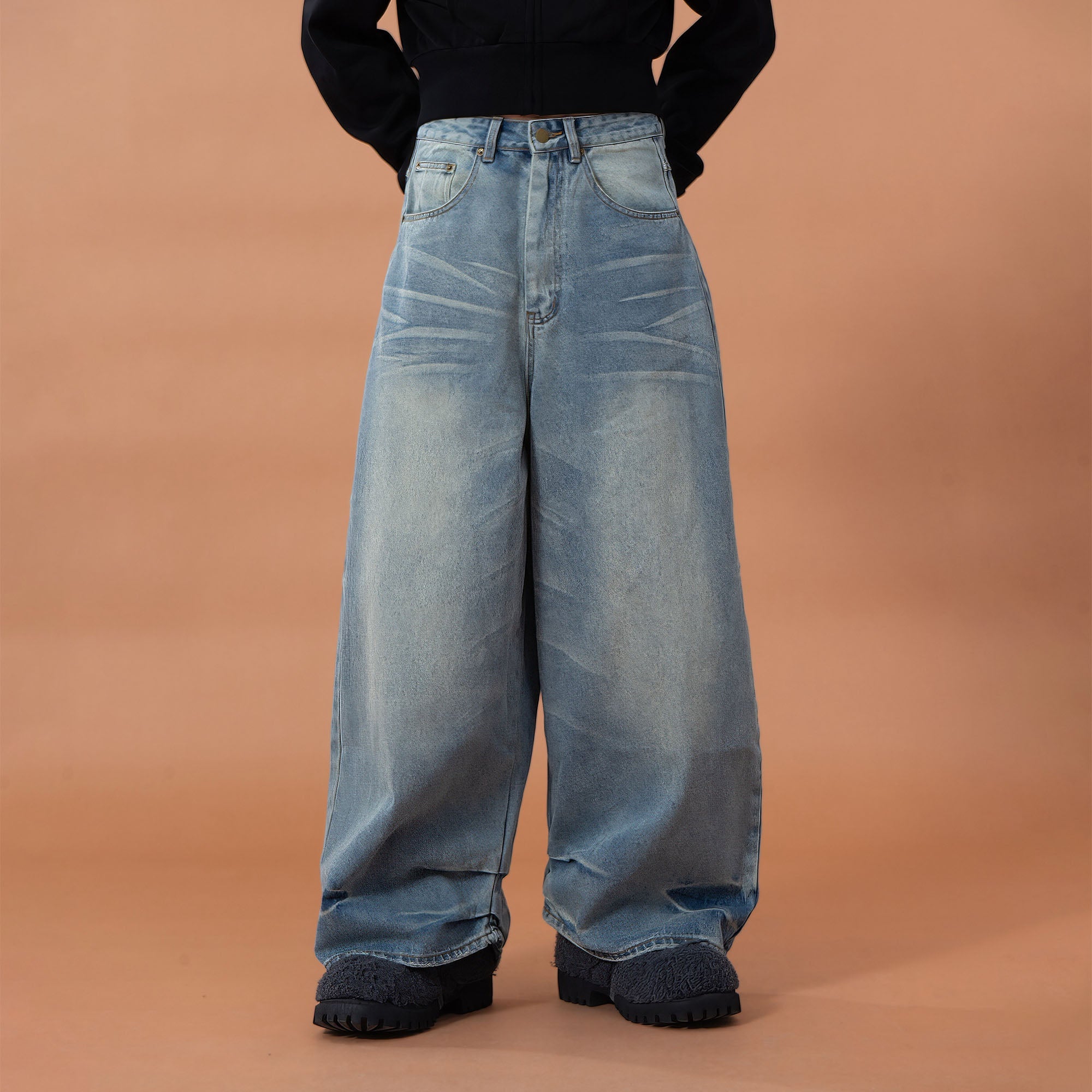 CLP Whiskering Washed Oversized Curved-Leg Jeans-Jeans-M-Free Shipping Leatheretro
