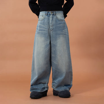 CLP Whiskering Washed Oversized Curved-Leg Jeans-Jeans-M-Free Shipping Leatheretro