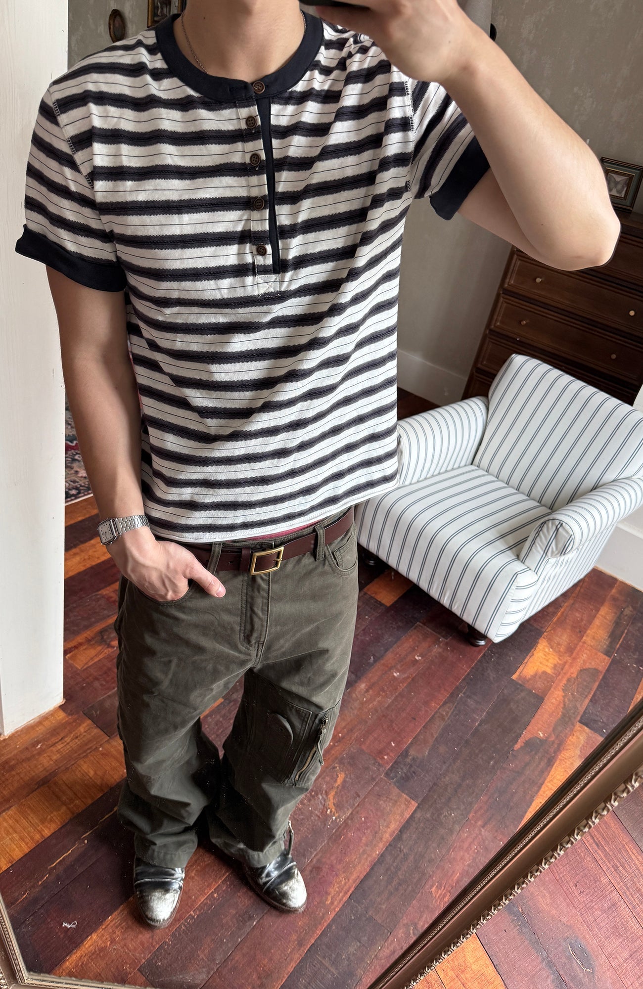 TRECLUB Stripe Henley T-Shirt-T Shirt-S (preorder)-Gray-Free Shipping Leatheretro