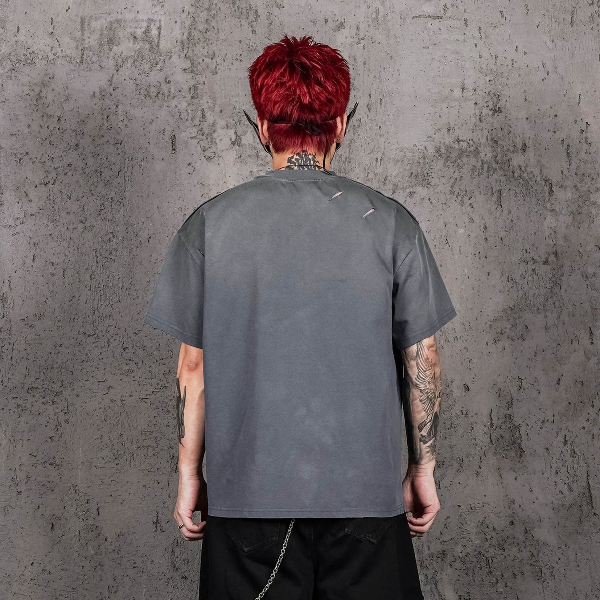 UNDERWATER Washed Ripped Gradient T-Shirt Blue-T Shirt-S-Free Shipping Leatheretro