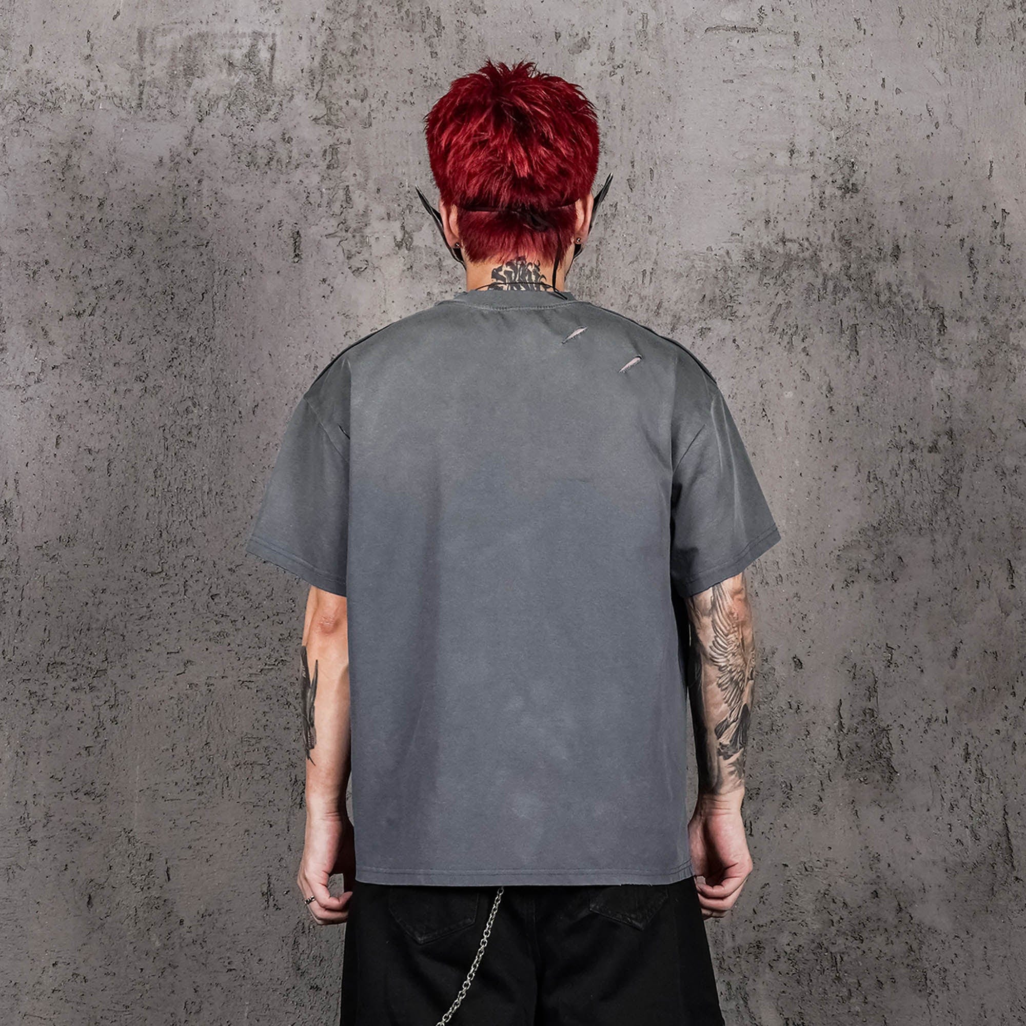 UNDERWATER Washed Ripped Gradient T-Shirt Blue-T Shirt-S-Free Shipping Leatheretro