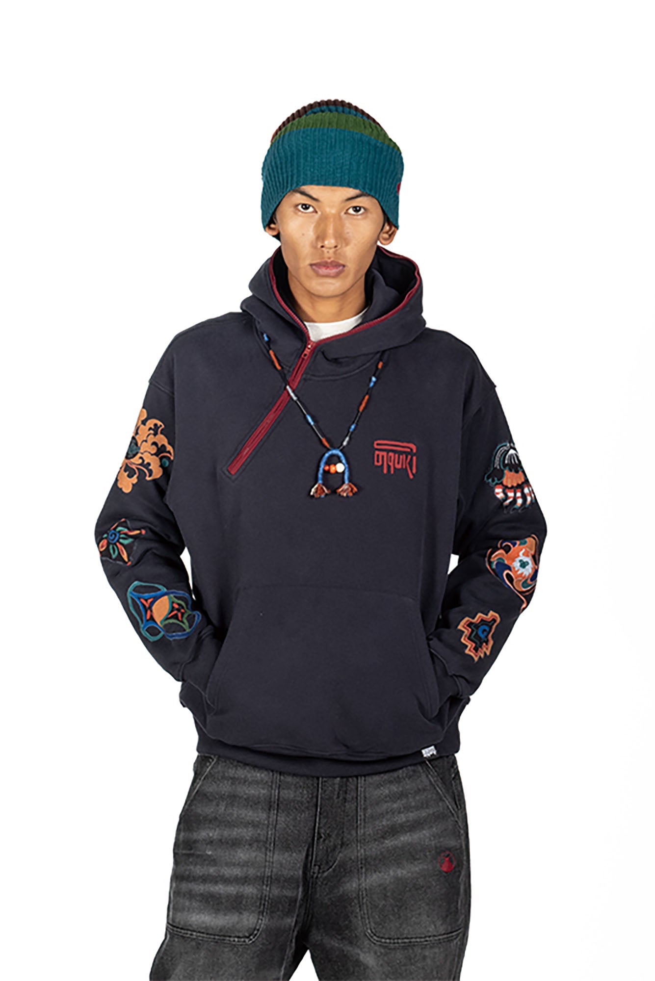 NERHI Asym Half-Zip Mural Graphic Hoodie-Shirt-S-Gray (Preorder)-Free Shipping Leatheretro