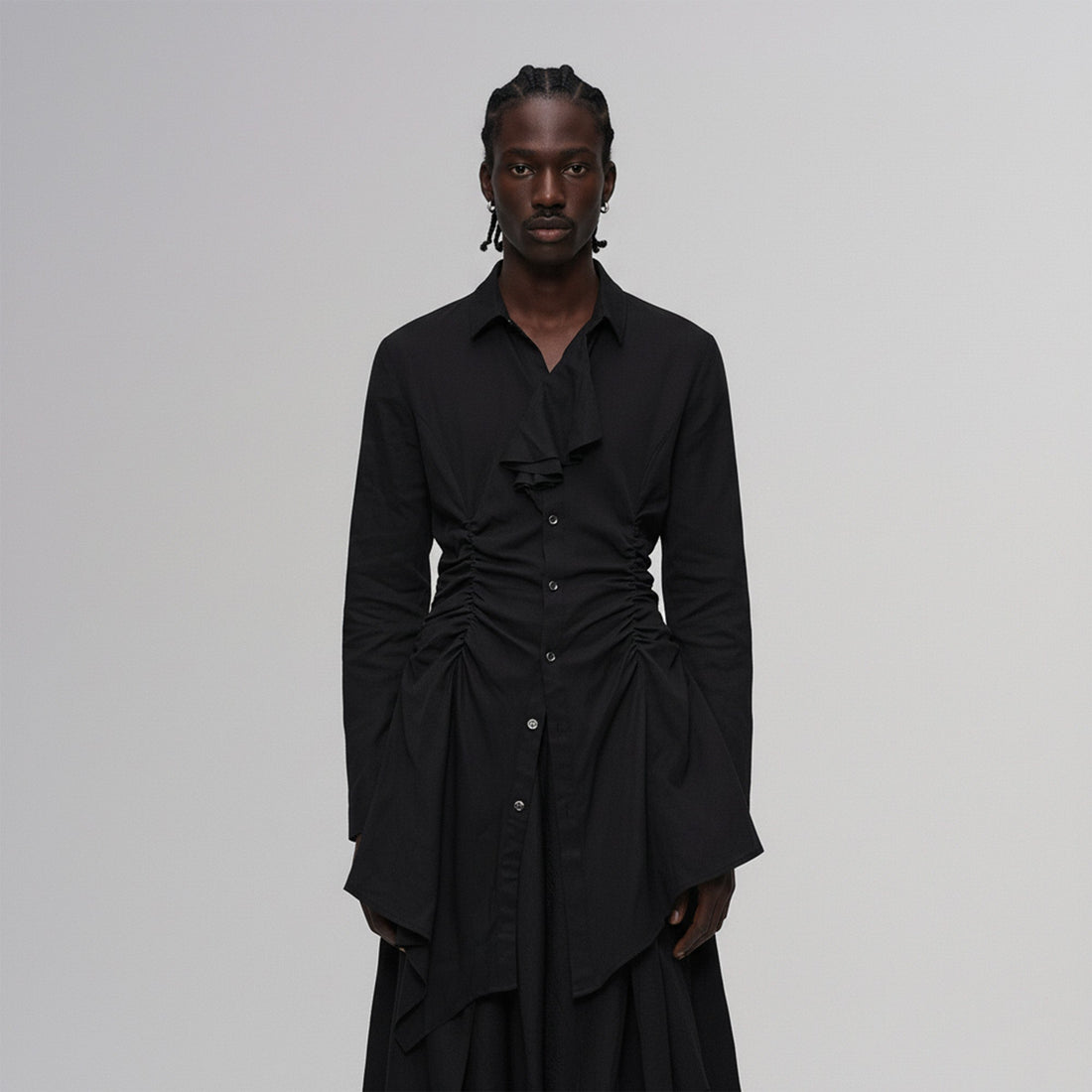 ILNya Nieternite Nifutur Asymmetric Ruched Waist Ruffle-Neck Long Shirt Black-Shirt-S (0)(Preorder)-Free Shipping Leatheretro
