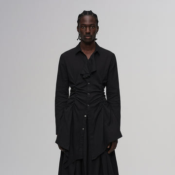 ILNya Nieternite Nifutur Asymmetric Ruched Waist Ruffle-Neck Long Shirt Black-Shirt-S (0)(Preorder)-Free Shipping Leatheretro