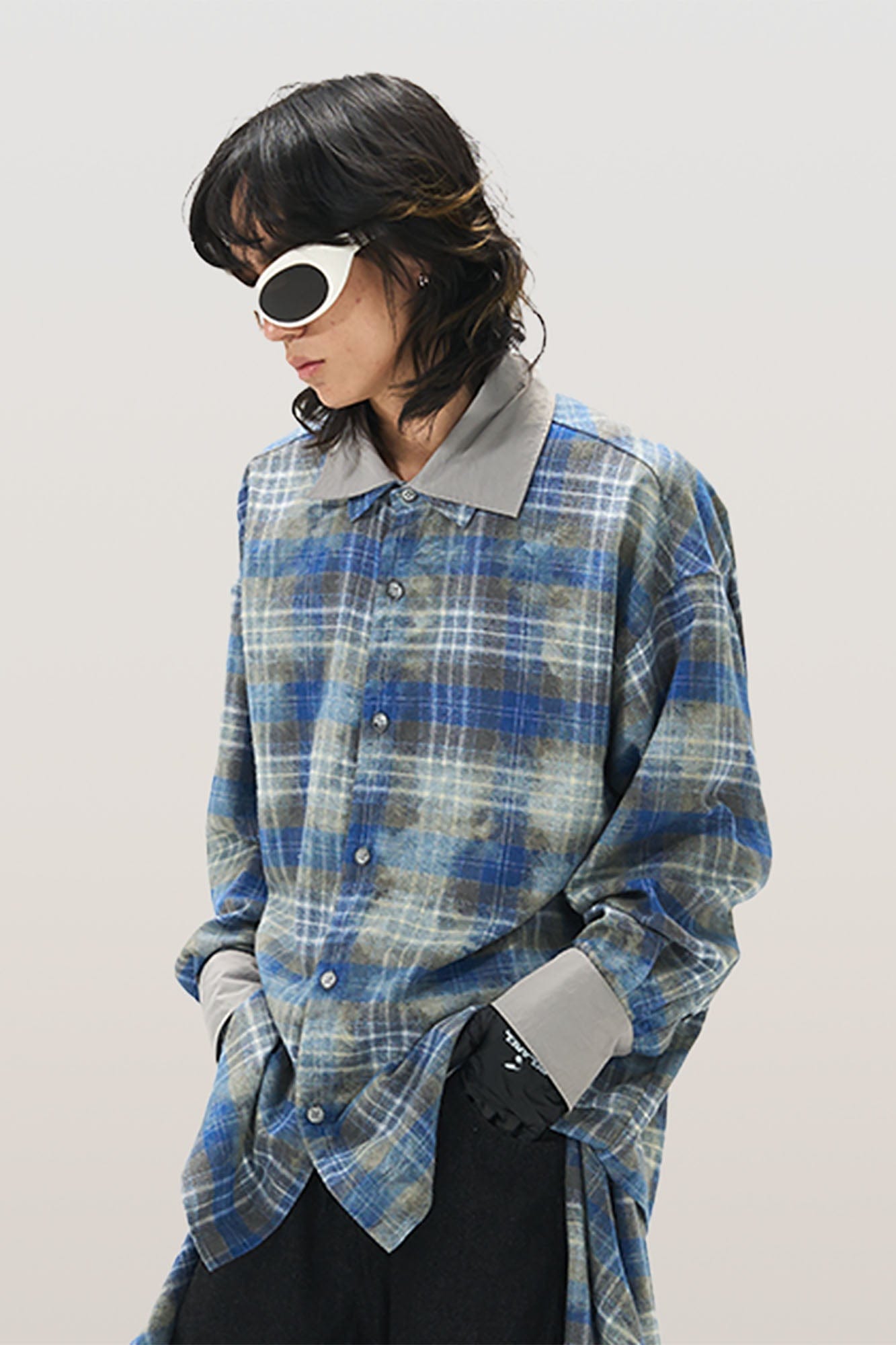 RELABEL Washed Plaid Tie-Dye Contrast-Collar Shirt-Shirt-S-Free Shipping Leatheretro