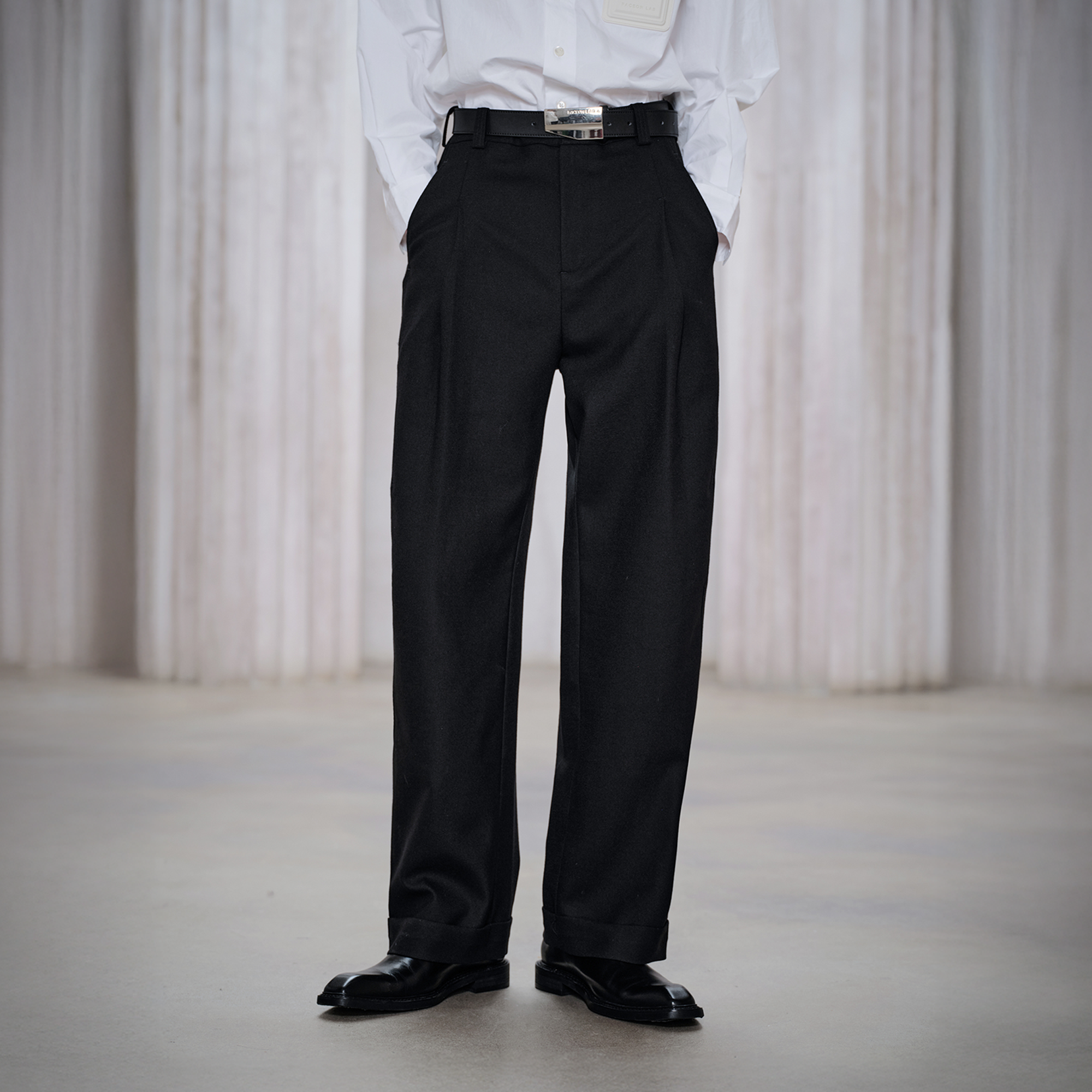 FACEONLAB Classic Wool Pleated Tailored Trousers Black-Pants-M-Free Shipping Leatheretro