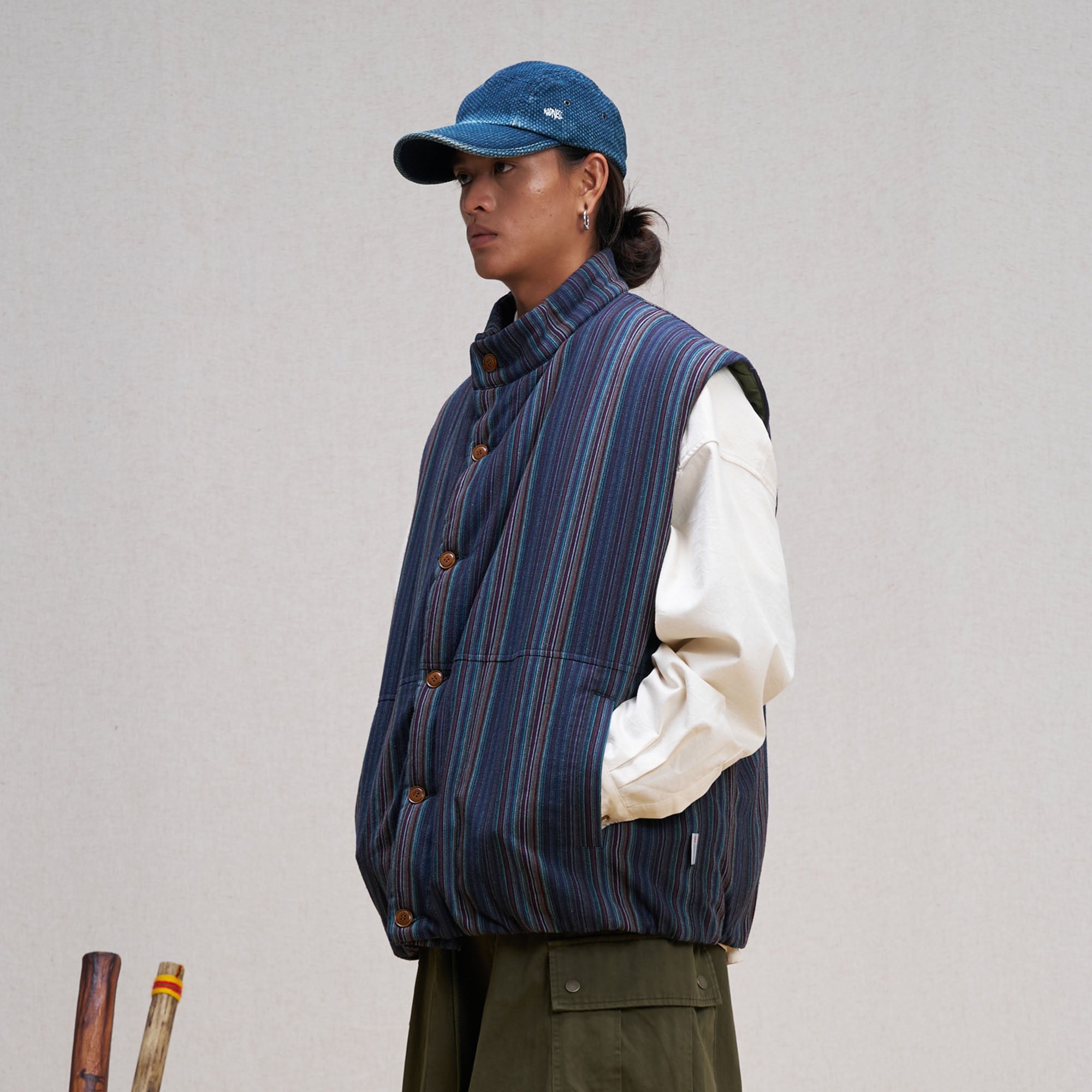 UNLIMITED MOTE Stripe Stand-Collar Padded Vest-Vest-S-Blue-Free Shipping Leatheretro