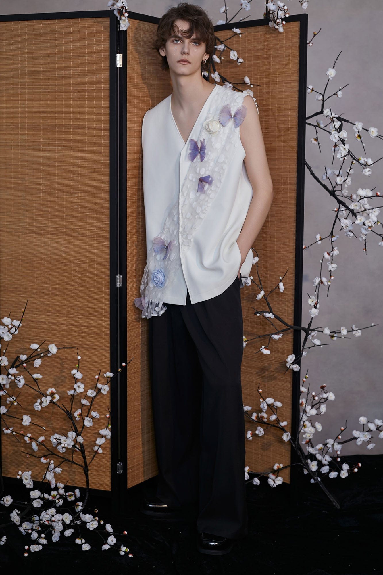 JIECHI Butterfly&Floral Asymmetrical Sheer V-Neck Vest-Vest-M-Free Shipping Leatheretro